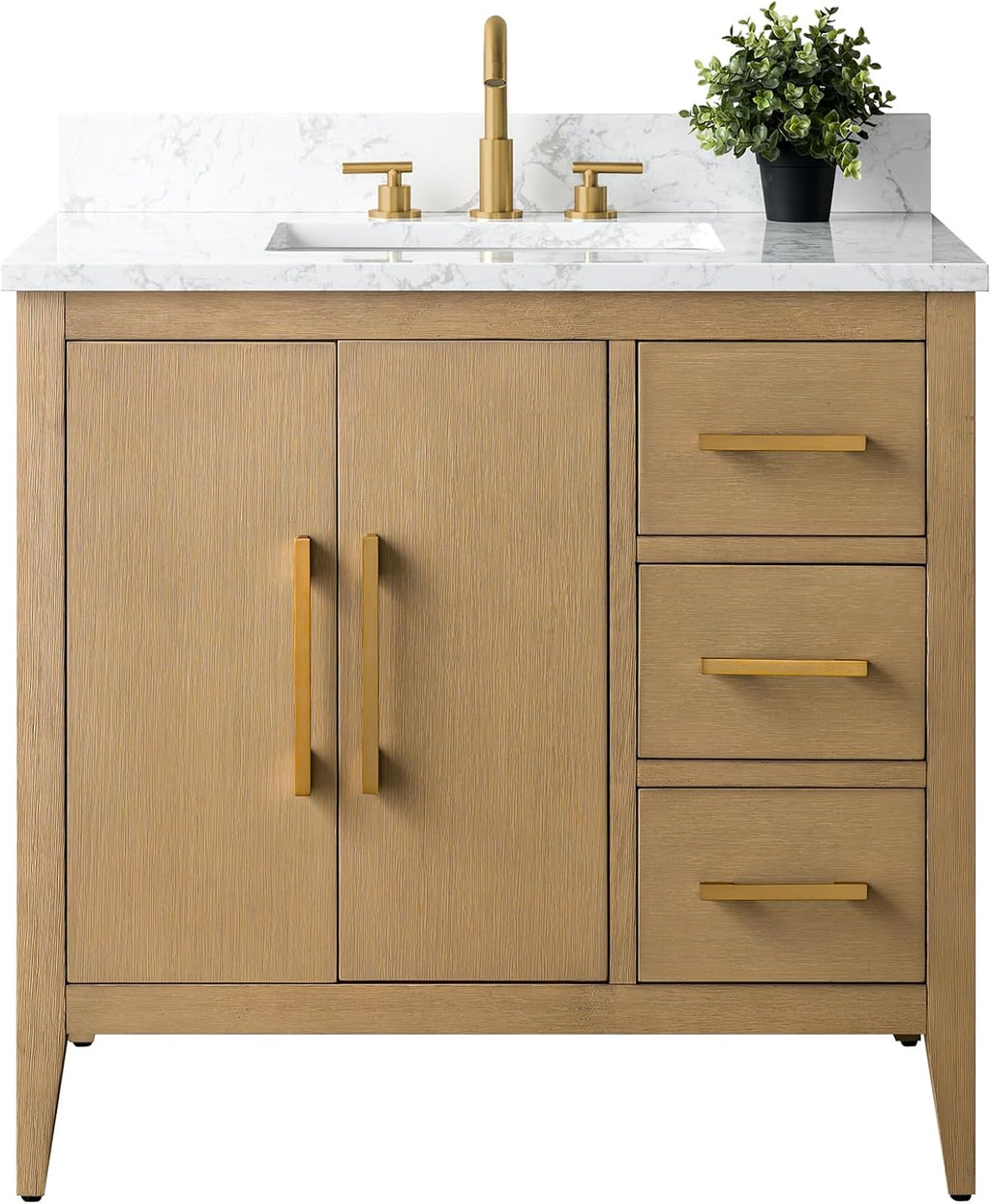 HOMEBEYOND 36 Inch Bathroom Vanities with Sink & Ceramic Top, Single Vanity Cabinet with Basin, Solid Wood Frame, Soft-Closing Doors & Golden Brushed Hardware, Natural Oak