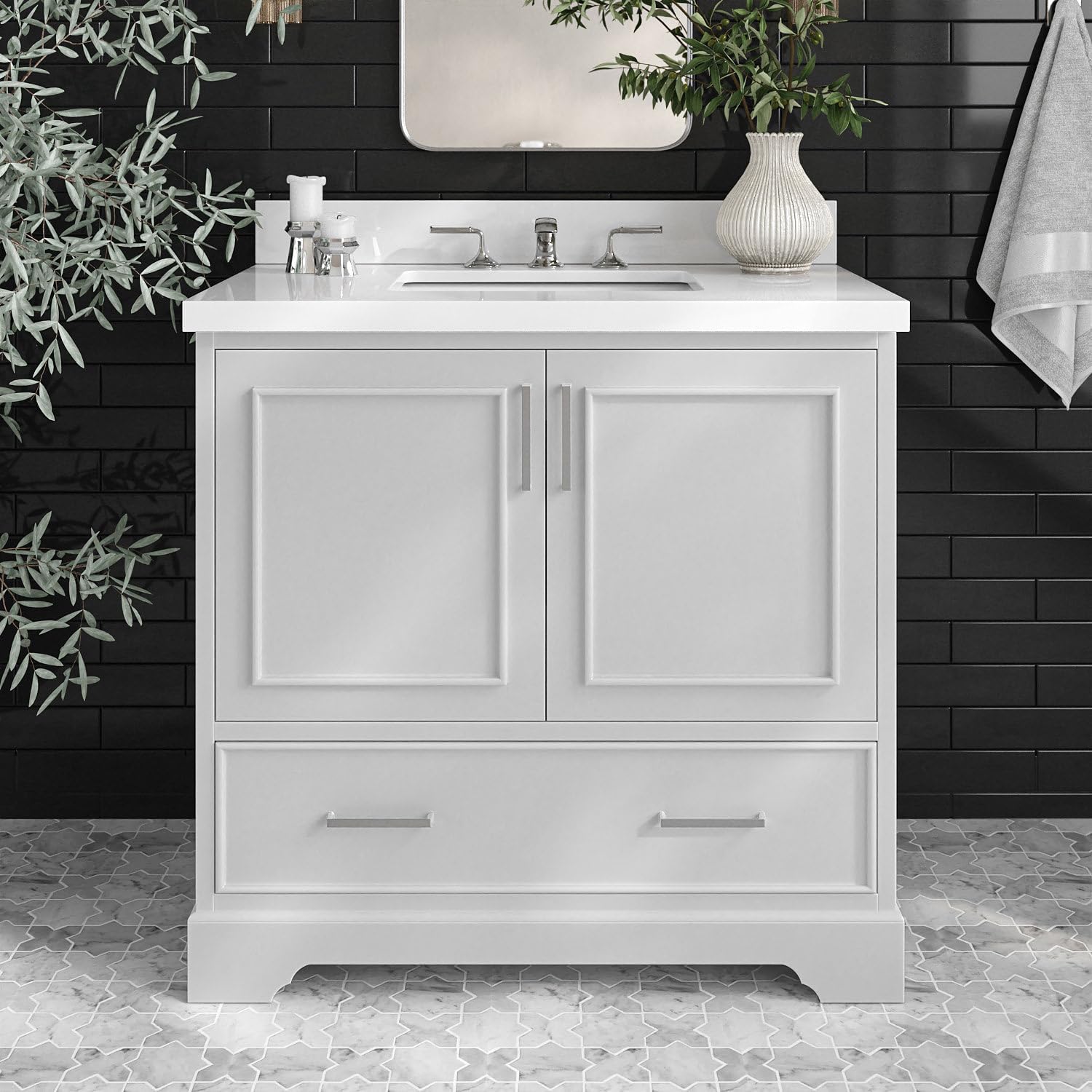 ARIEL Stafford 36-inch Bathroom Vanity with Sink,Solid Wood, 1.5-inch Pure White Quartz Countertop, Single Rectangular Porcelain Sink, Soft Closing Doors, Dovetail Drawers, Grey