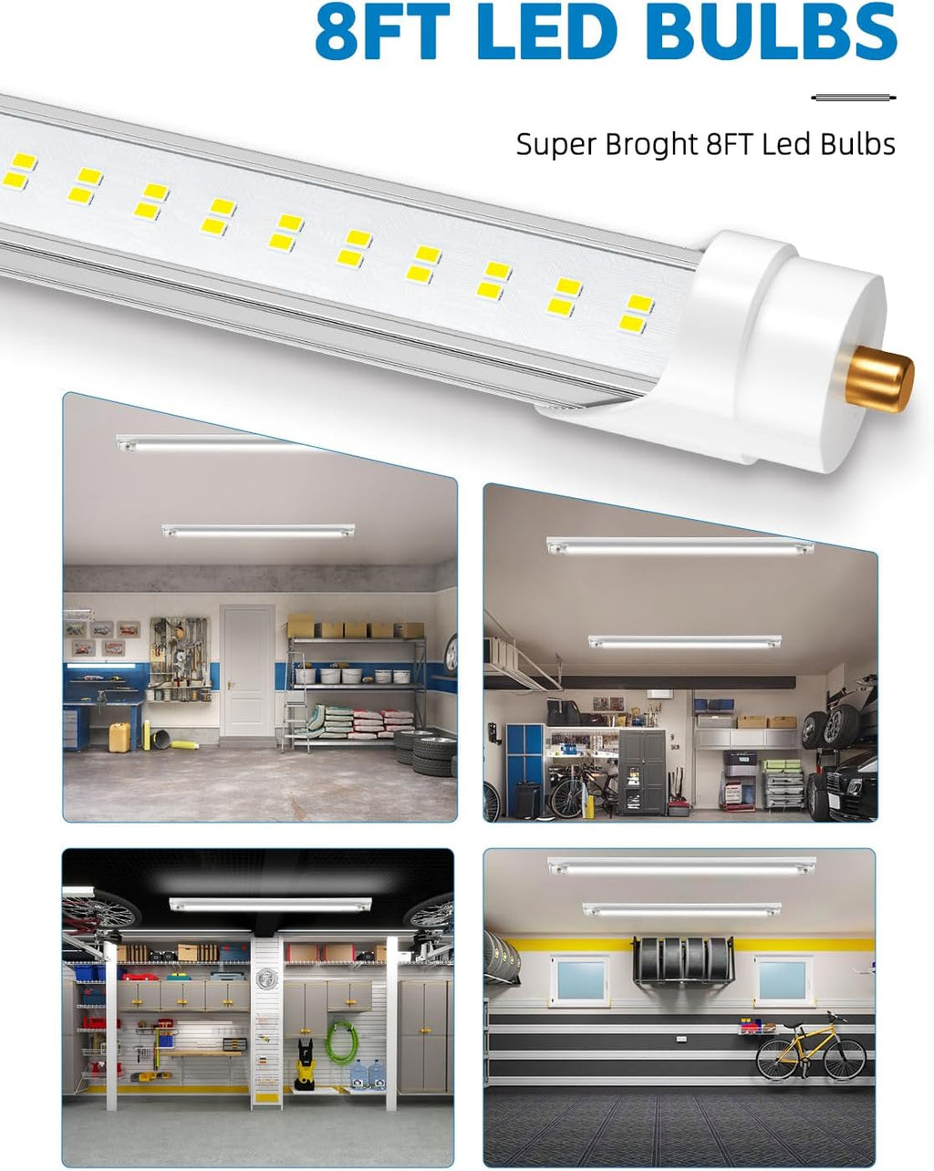 ELEKICO 8FT LED Bulbs, Super Bright 72W 9000lm 5000K, T8 T10 T12 LED Tube Lights, FA8 Single Pin T8 LED Lights, Clear Cover, 8 Foot LED Bulbs to Replace Fluorescent Light Bulbs (Pack of 6)