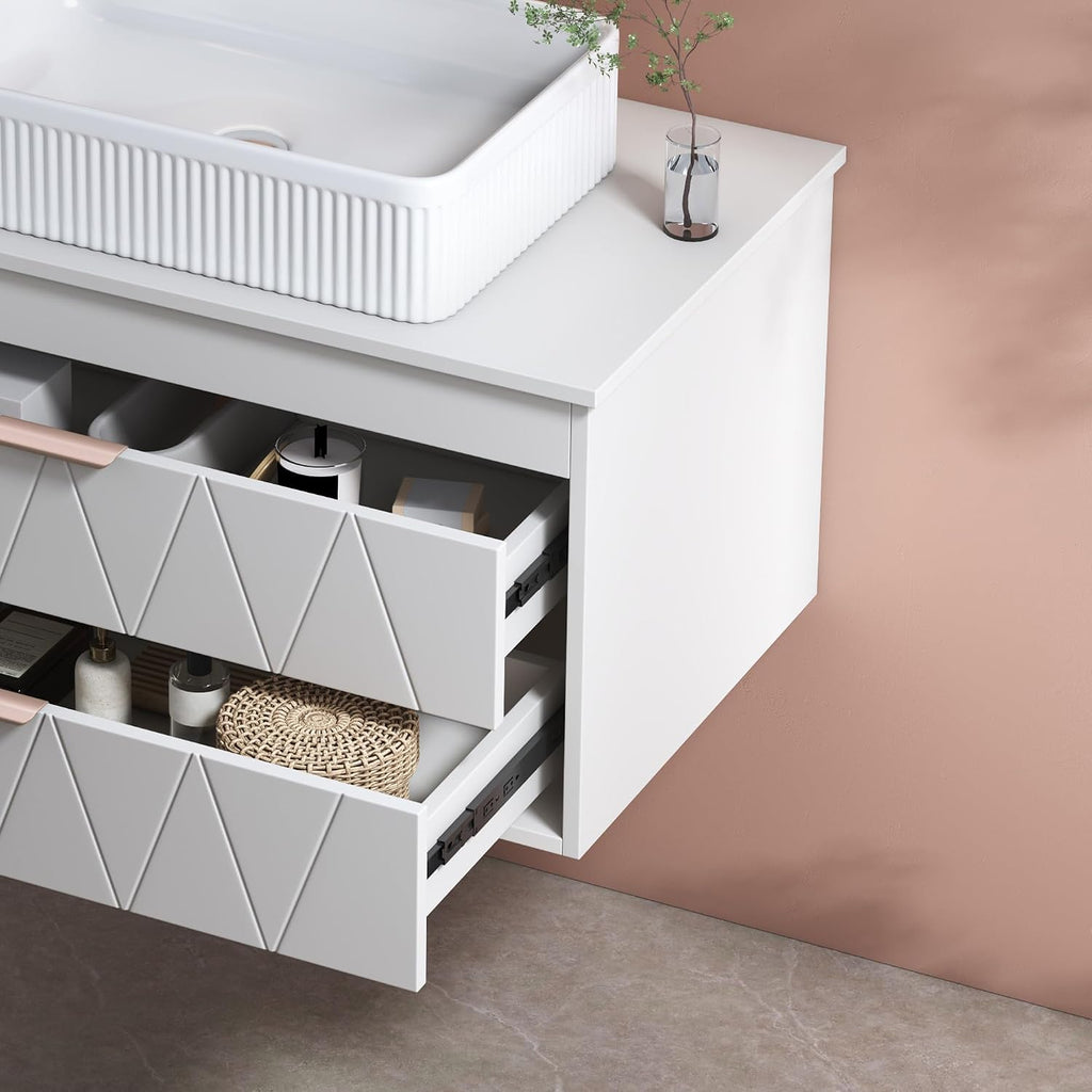 32' Floating Bathroom Vanity with Single Sink, Modern Stripe Wall Mounted Bathroom Vanities with Above Ceramic Basin, Wood Bathroom Vanity Storage Cabinet with 2 Drawers, White