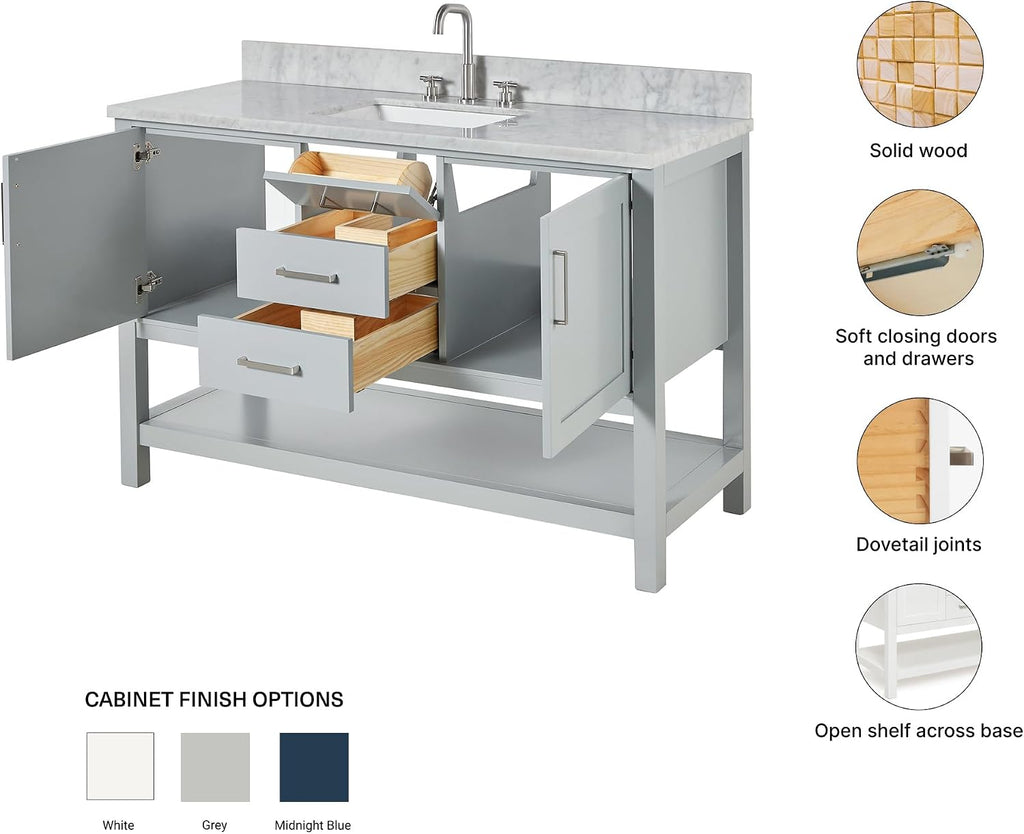 ARIEL Bayhill 48-inch Bathroom Vanity with Sink,Solid Wood, 0.75-inch Italian Carrara Marble Countertop, Single Rectangular Porcelain Sink, 2 Soft Closing Doors, 2 Dovetail Drawers, Grey