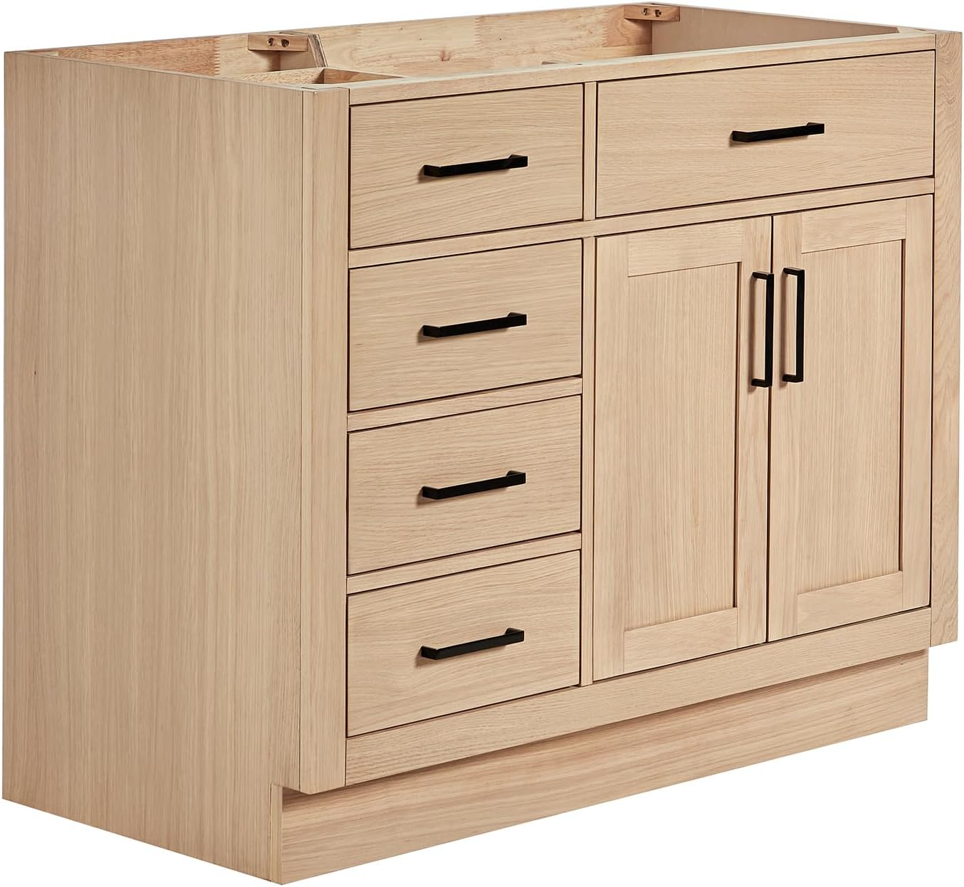 ARIEL Hepburn 42-inch Bathroom Vanity Base Cabinet,Solid Wood, 2 Soft Closing Doors, 5 Dovetail Drawers, White Oak