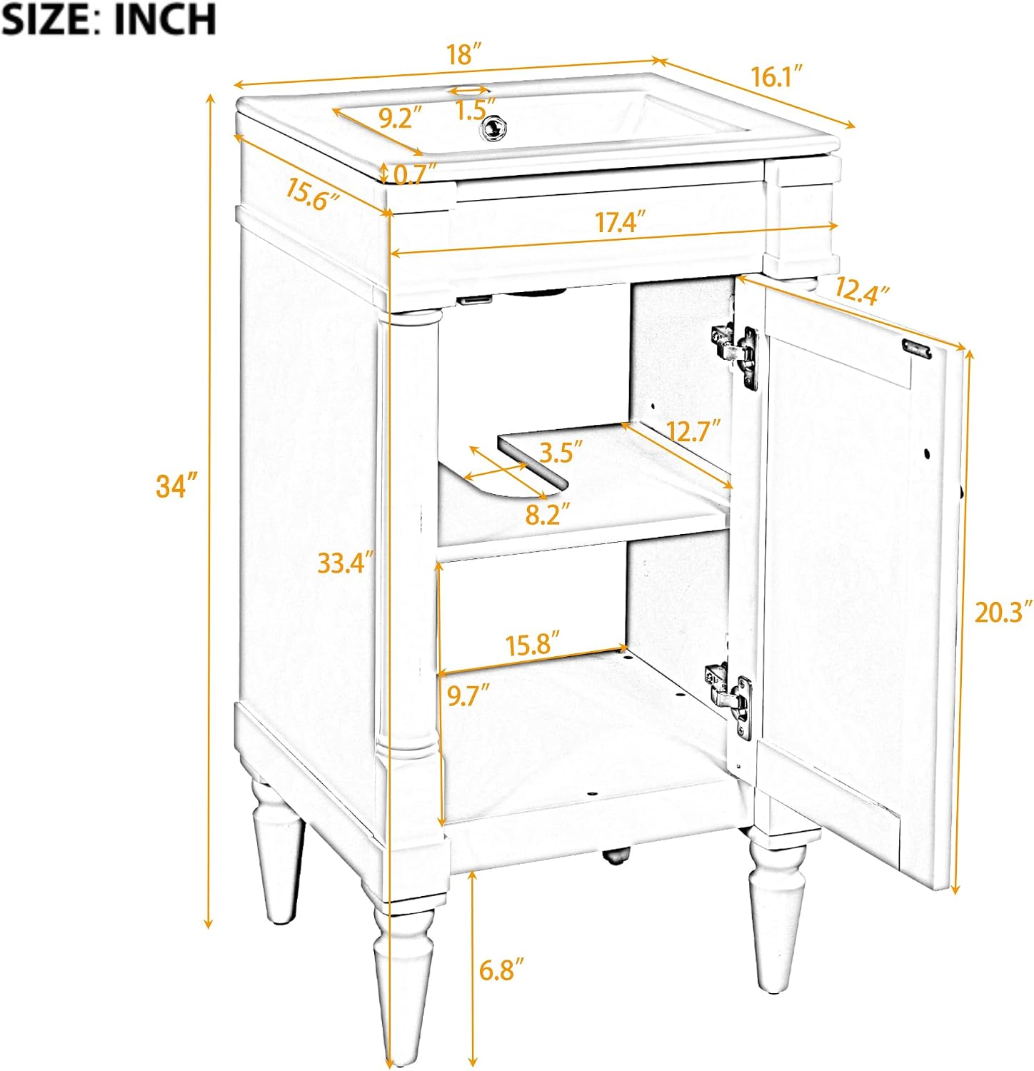 VilroCaz Modern 18'' Bathroom Vanity with Top Sink, Freestanding Bathroom Storage Cabinet with Door and Adjustable Shelf, Single Sink Cabinet with Nordic Style Legs (White-Retro)