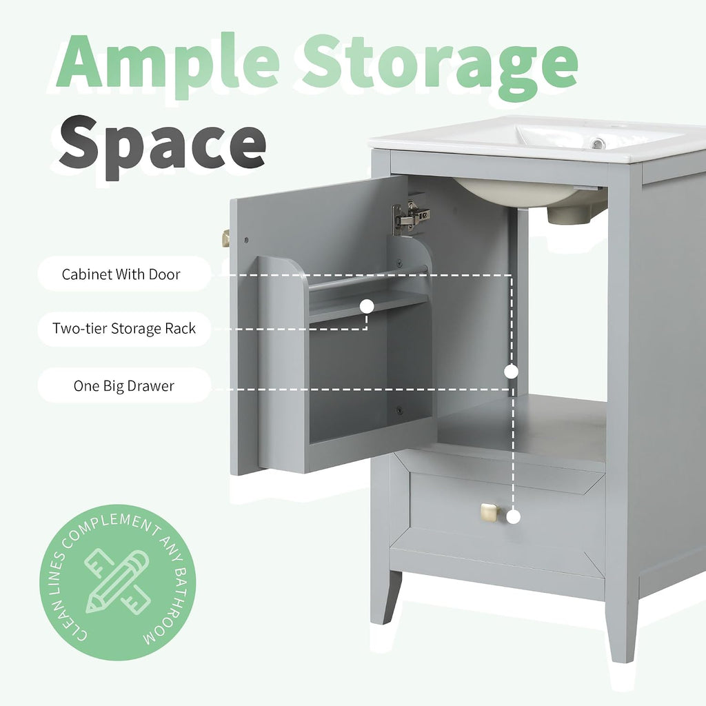 Harper & Bright Designs 20' Bathroom Vanity with Sink, Free Standing Single Vanity Set with One Drawer, and Door Storage Shelf, Solid Wood Storage Cabinet with Ceramic Basin for Bathroom, Grey