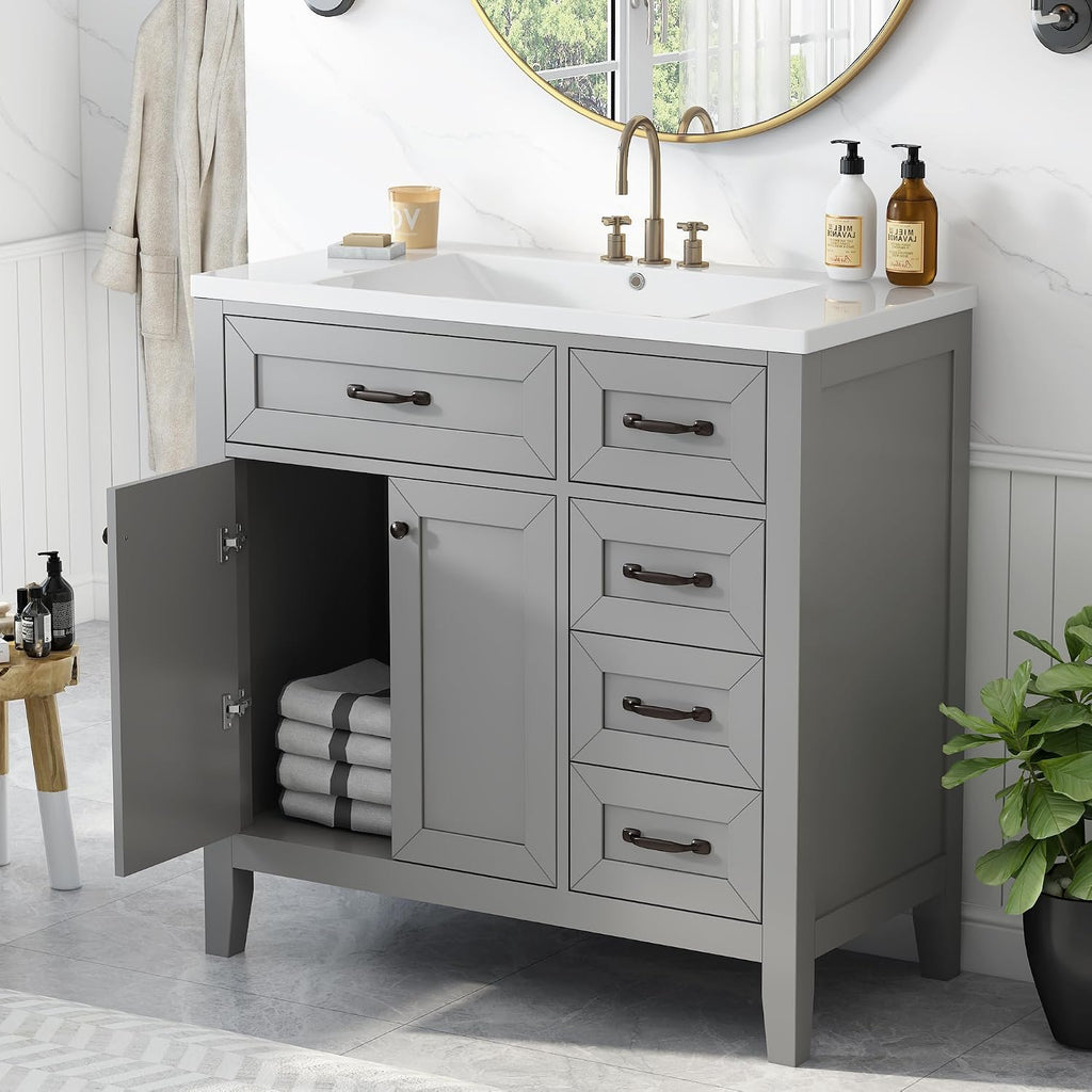 LUMISOL 36 Inch Bathroom Vanity with Ceramic Sink, Solid Wood Bathroom Storage Cabinet with 3 Drawers & 2 Doors, Freestanding Vanity, Grey