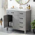 LUMISOL 36 Inch Bathroom Vanity with Ceramic Sink, Solid Wood Bathroom Storage Cabinet with 3 Drawers & 2 Doors, Freestanding Vanity, Grey