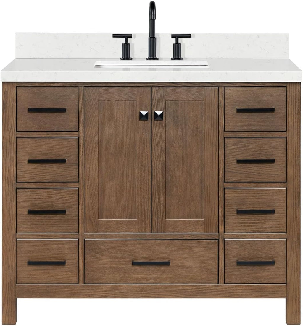 ARIEL Cambridge 42-inch Bathroom Vanity with Sink,Solid Wood, 1.5-inch Carrara White Quartz Countertop, Single Rectangular Porcelain Sink, 2 Soft Closing Doors, 9 Dovetail Drawers, Brown Oak