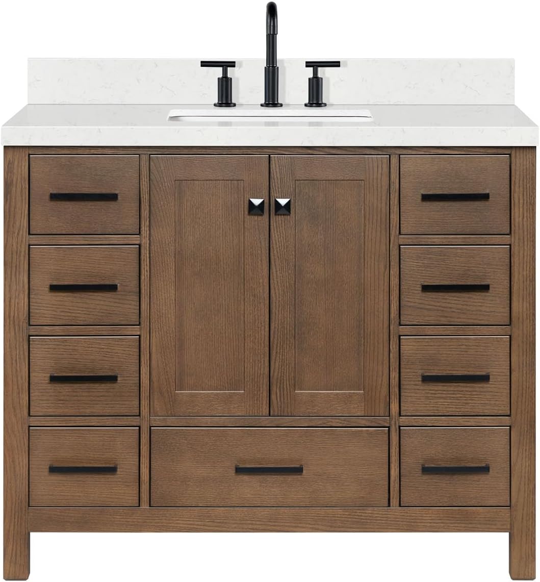 ARIEL Cambridge 42-inch Bathroom Vanity with Sink,Solid Wood, 1.5-inch Carrara White Quartz Countertop, Single Rectangular Porcelain Sink, 2 Soft Closing Doors, 9 Dovetail Drawers, Brown Oak