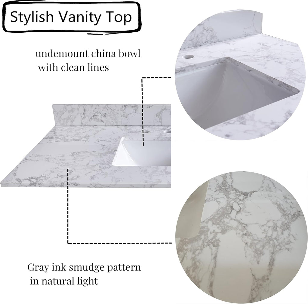 37' x22 Vanity Top with Under Mount Rectangle Bowl, Carrara White, artificial Marble Stone, 8' Pre-Drilled Holes, 37'x22' Vanity Top Sink, Reinforced Packaging (Not included Faucet)