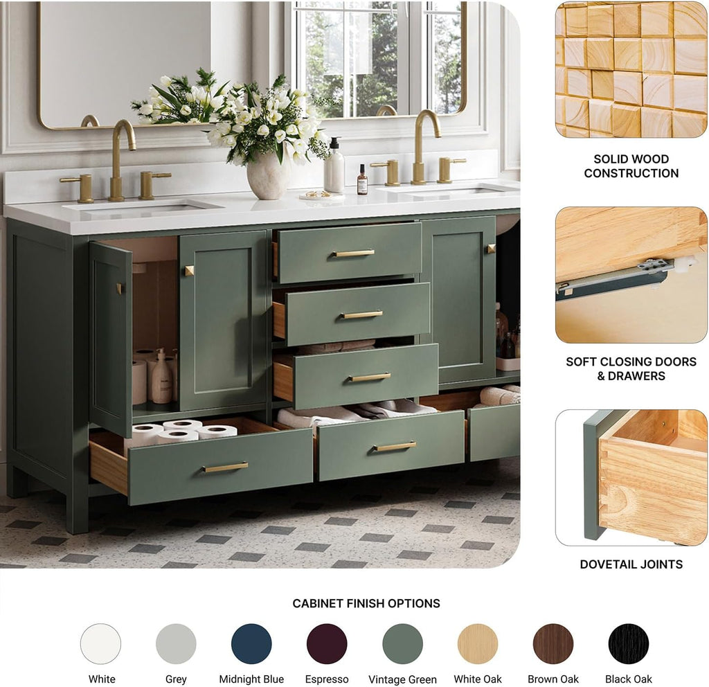 DKB Beckford 72-inch Vintage Green Bathroom Vanity with Left & Right Rectangle Double Sinks, Pure White Quartz Countertop & Backsplash, Solid Wood Frame, Soft-Closing & Dovetail Drawers