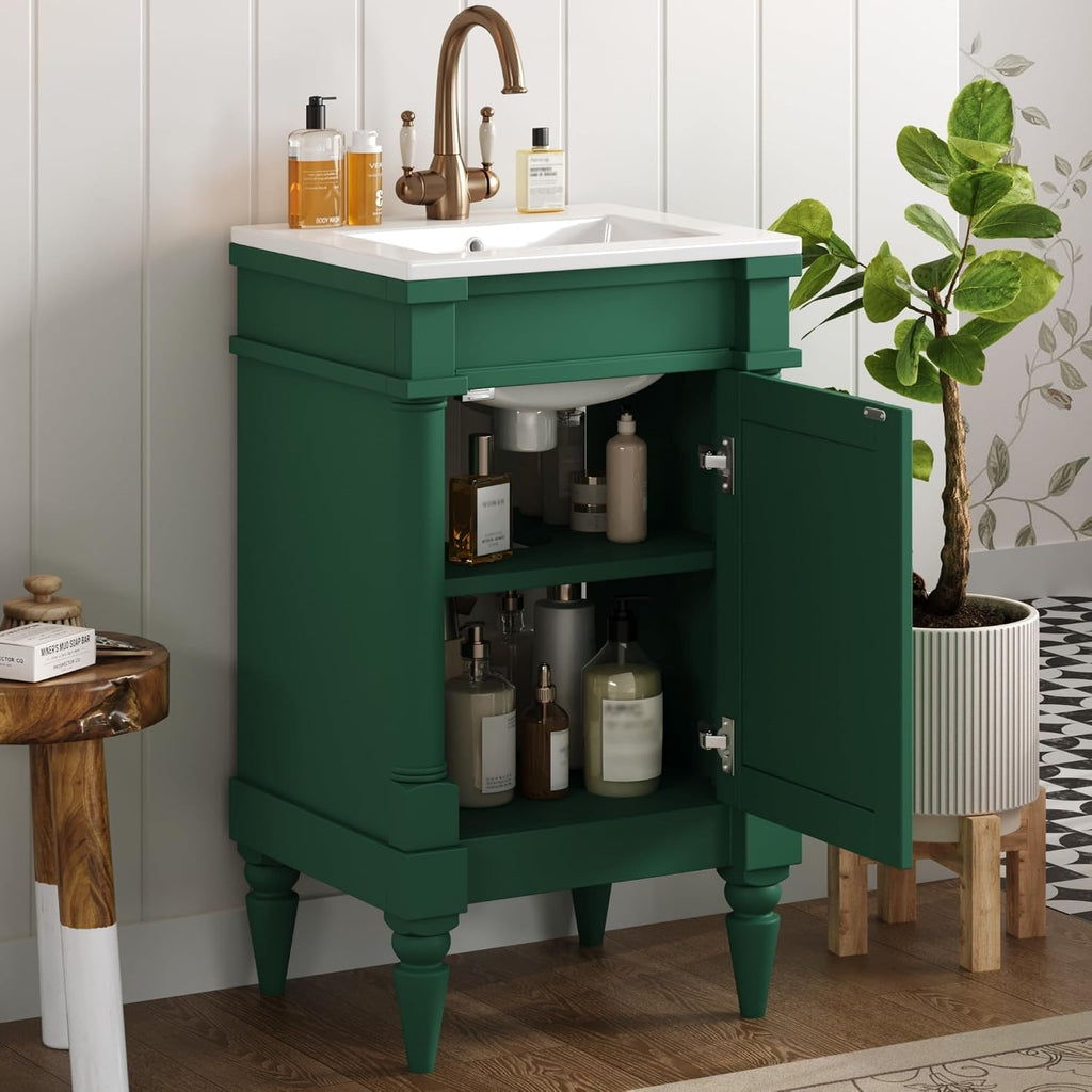 VilroCaz Modern 18'' Bathroom Vanity with Top Sink, Freestanding Bathroom Storage Cabinet with Door and Adjustable Shelf, Single Sink Cabinet with Nordic Style Legs (Green-Retro)