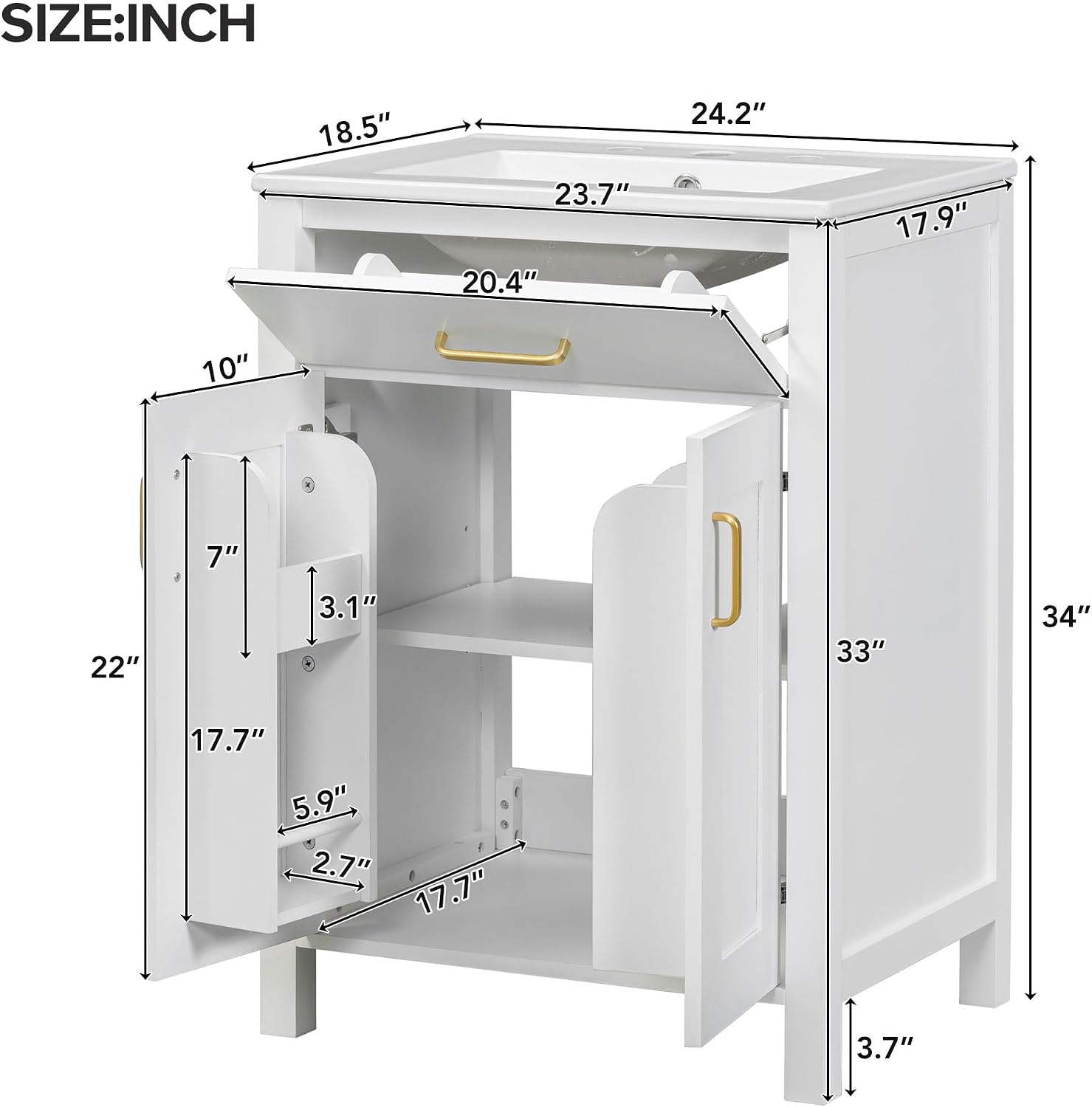 Harper & Bright Designs 24' Bathroom Vanity with Sink, Free Standing Single Basin Vanity Set with 2 Soft-Close Doors and Drawer, Modern Wooden Bathroom Cabinet with Ceramic Basin for Bathroom, White