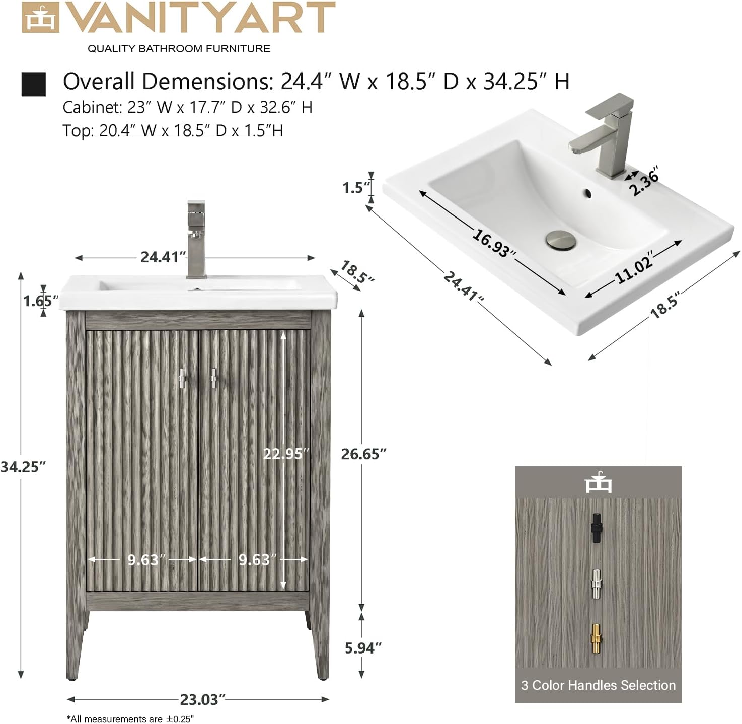 Vanity Art 24 inch Bathroom Vanity with Single Sink & Ceramic Top, Vanity Cabinet with Soft-Closing Door, Solid Wood Frame, Linear Pattern, Driftwood Gray, Golden Brushed Handware VA9124-DG-GB
