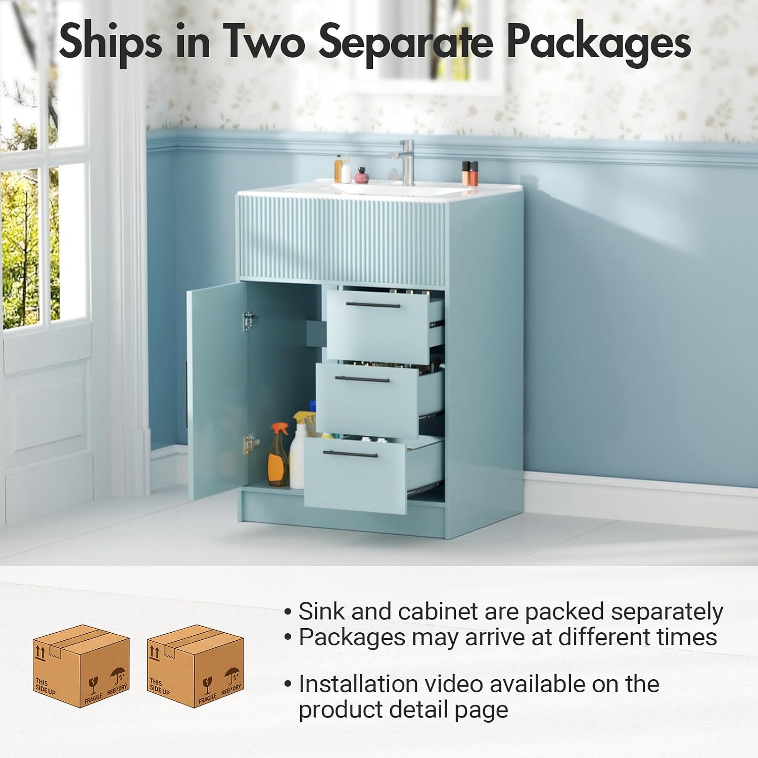 Kikihouse 24 Inch Bathroom Vanity with Sink, Freestanding Modern Bathroom Vanity Cabinet with Ceramic Basin, Single Sink Small Bathroom Vanity for Apartment (Blue, 24 inch)
