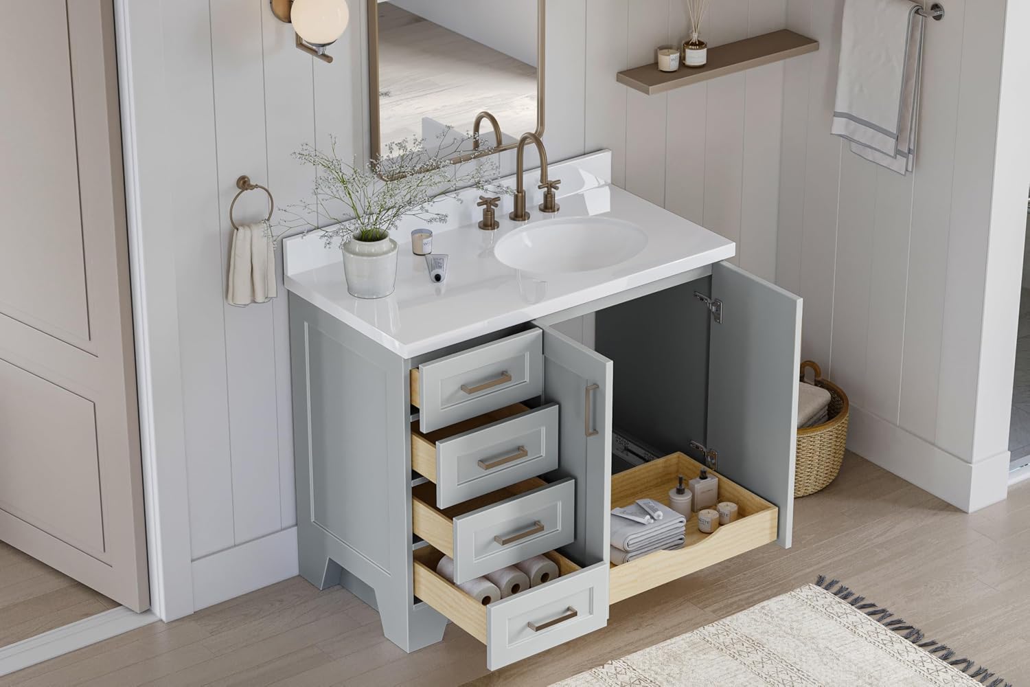 ARIEL Taylor 42-inch Bathroom Vanity with Sink,Solid Wood, 1.5-inch Pure White Quartz Countertop & Backsplash, Single Oval Porcelain Sink, 2 Soft Closing Doors, 5 Dovetail Drawers, Grey