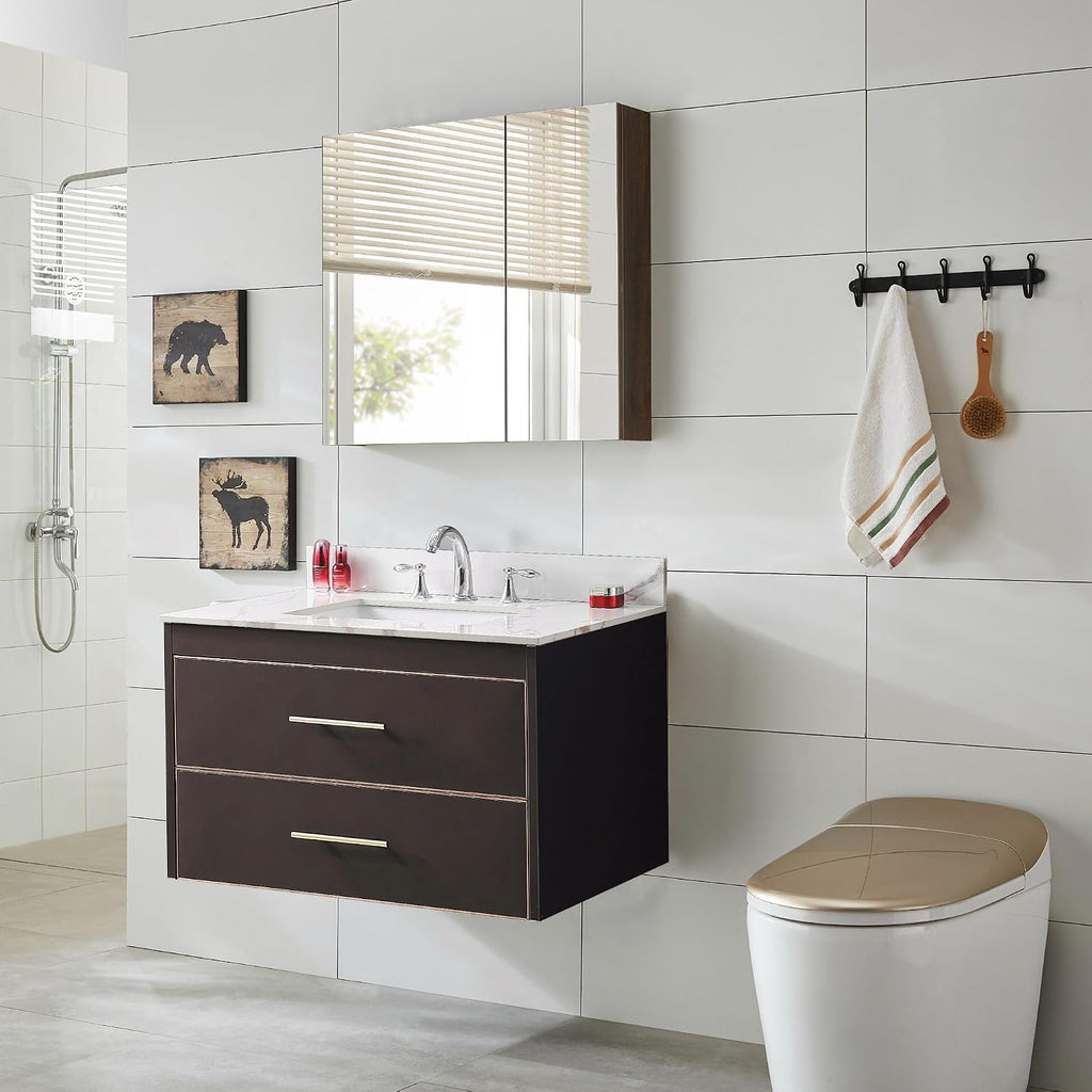 37 x 22 Inch Bathroom Vanity Top, Sintered Stone Top with Ceramic Sink, Three Hole Vanity Top With Undermount Rectangular Sink and 1 Backsplash (Carrara Gold, 3 Hole)