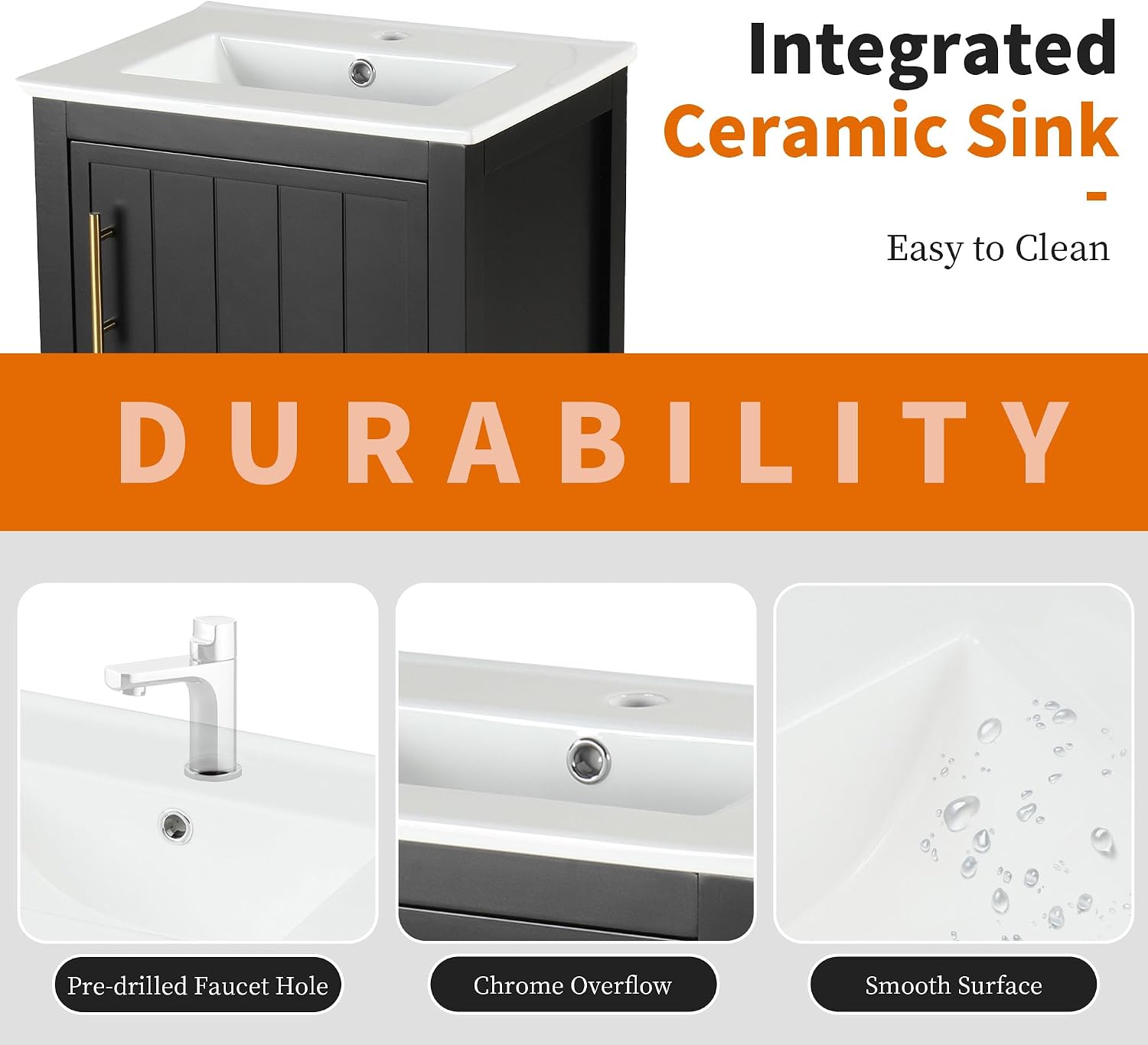 20' Bathroom Vanity Cabinet with Ceramic Sink Top Set, Freestanding, Two-Tier Storage Rack, Soft Closing Door, Black