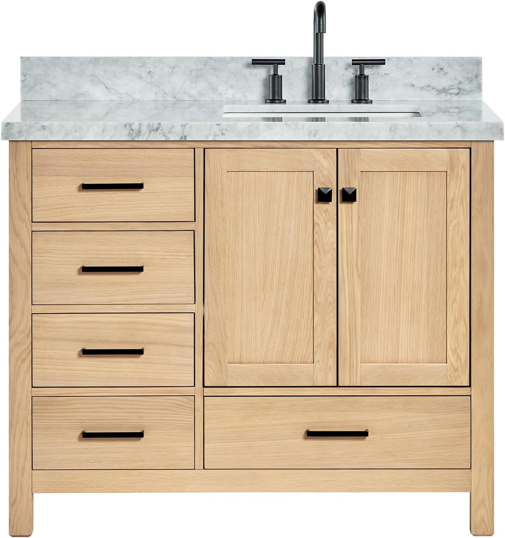 ARIEL 66-Inch Oak Bathroom Vanity with Sink, Italian Carrara Marble Countertop 1.5' Edge & Backsplash, Soft Closing Doors & Drawers, Matte Black Hardware