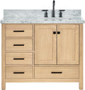 ARIEL 66-Inch Oak Bathroom Vanity with Sink, Italian Carrara Marble Countertop 1.5' Edge & Backsplash, Soft Closing Doors & Drawers, Matte Black Hardware