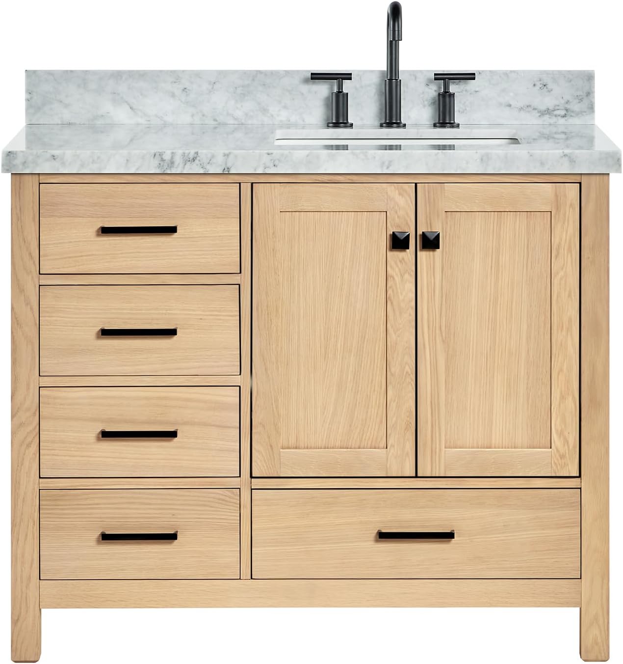 ARIEL 66-Inch Oak Bathroom Vanity with Sink, Italian Carrara Marble Countertop 1.5' Edge & Backsplash, Soft Closing Doors & Drawers, Matte Black Hardware