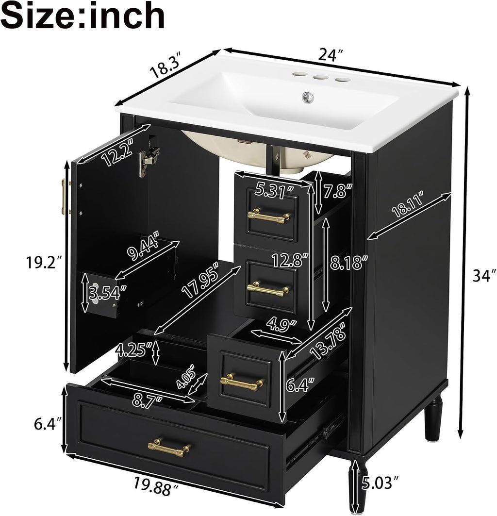 Harper & Bright Designs 24' Bathroom Vanity with Sink, Free-Standing Vanity Set with 3 Drawers in Different Sizes, Door-Mounted Rack, Wood Bathroom Cabinet with Ceramic Basin for Bathroom, Black