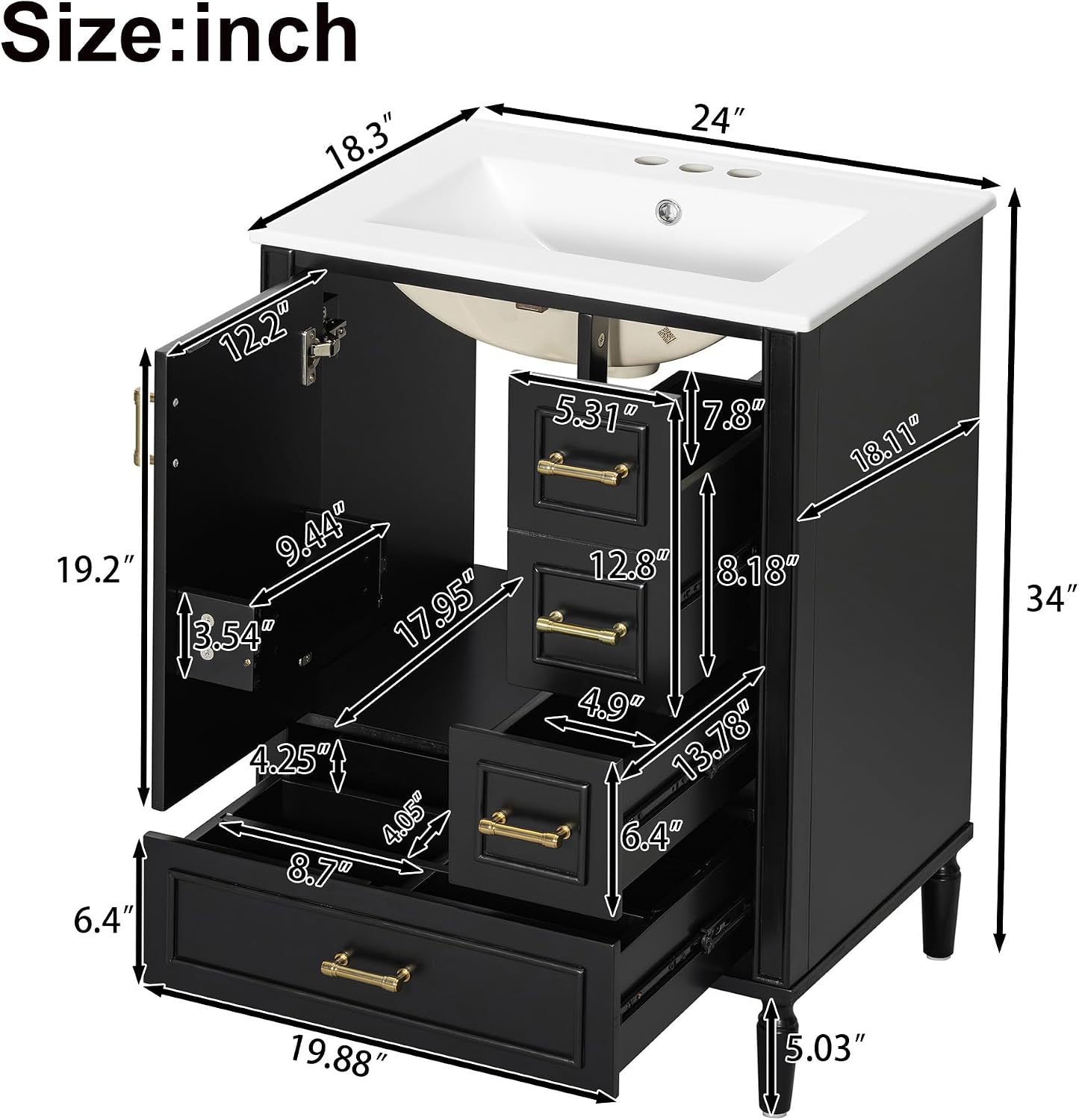 Harper & Bright Designs 24' Bathroom Vanity with Sink, Free-Standing Vanity Set with 3 Drawers in Different Sizes, Door-Mounted Rack, Wood Bathroom Cabinet with Ceramic Basin for Bathroom, Black