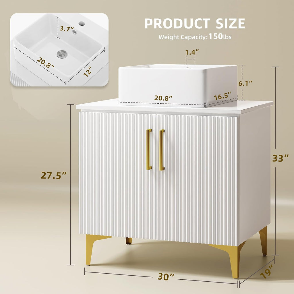 YITAHOME 30 Inch Bathroom Vanity with Vacuum Forming, Freestanding Storage Cabinet Vanity with Engineered White Stone Countertop, 2 Large Soft Closing Doors with Shelf, Gold Handles & Legs, White
