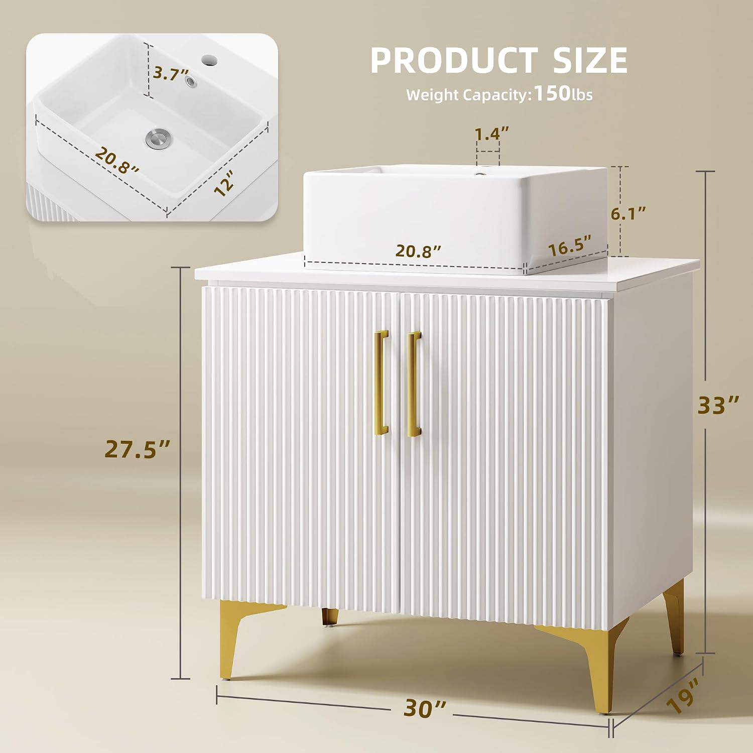 YITAHOME 30 Inch Bathroom Vanity with Vacuum Forming, Freestanding Storage Cabinet Vanity with Engineered White Stone Countertop, 2 Large Soft Closing Doors with Shelf, Gold Handles & Legs, White