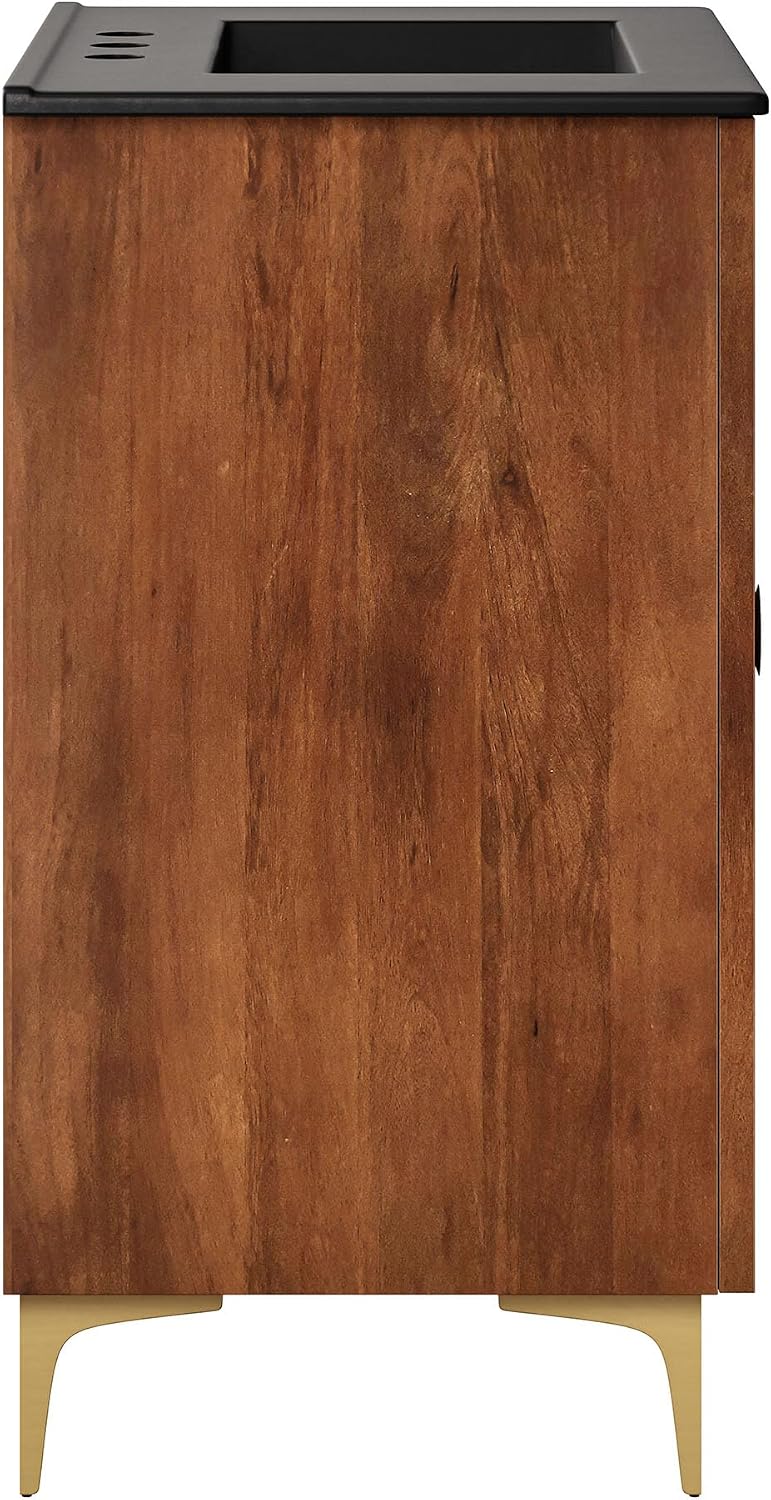 Modway Vernon 30' Fluted Wood Bathroom Vanity in Walnut Black with Ceramic Sink – Mid-Century Modern Freestanding Vanity with Integrated Sink and Countertop