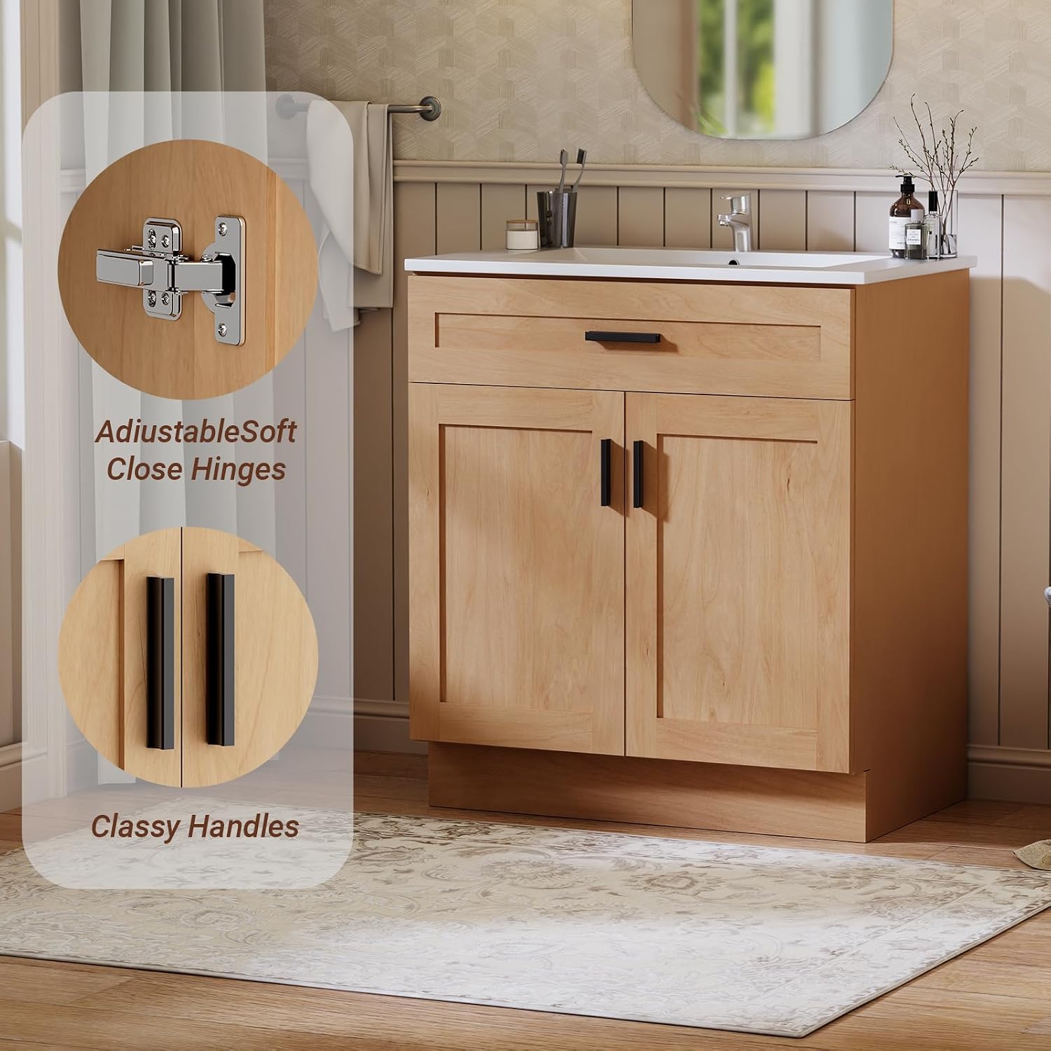 30 Inch Bathroom Vanity with Sink, Modern Storage Cabinet, Contains White Sink and Soft-Closing Door, Spacious Bathroom Storage Space (Nature with Sink, 30 Inch)