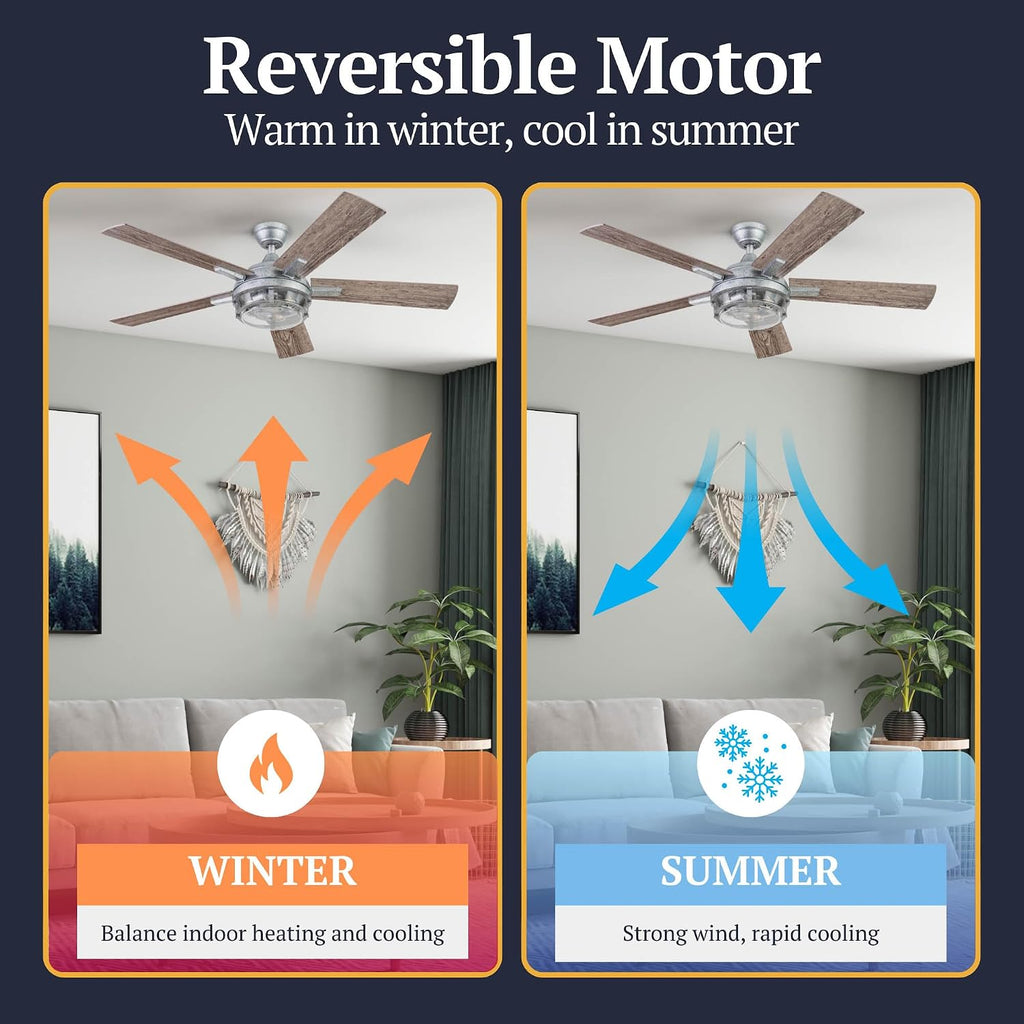 Prominence Home Freyr, 52 Inch Indoor Outdoor LED Ceiling Fan with Light, Remote Control, Dual Mounting Options, 5 Dual Finish Blades, Reversible Motor -51484-01 (Painted Galvanized)
