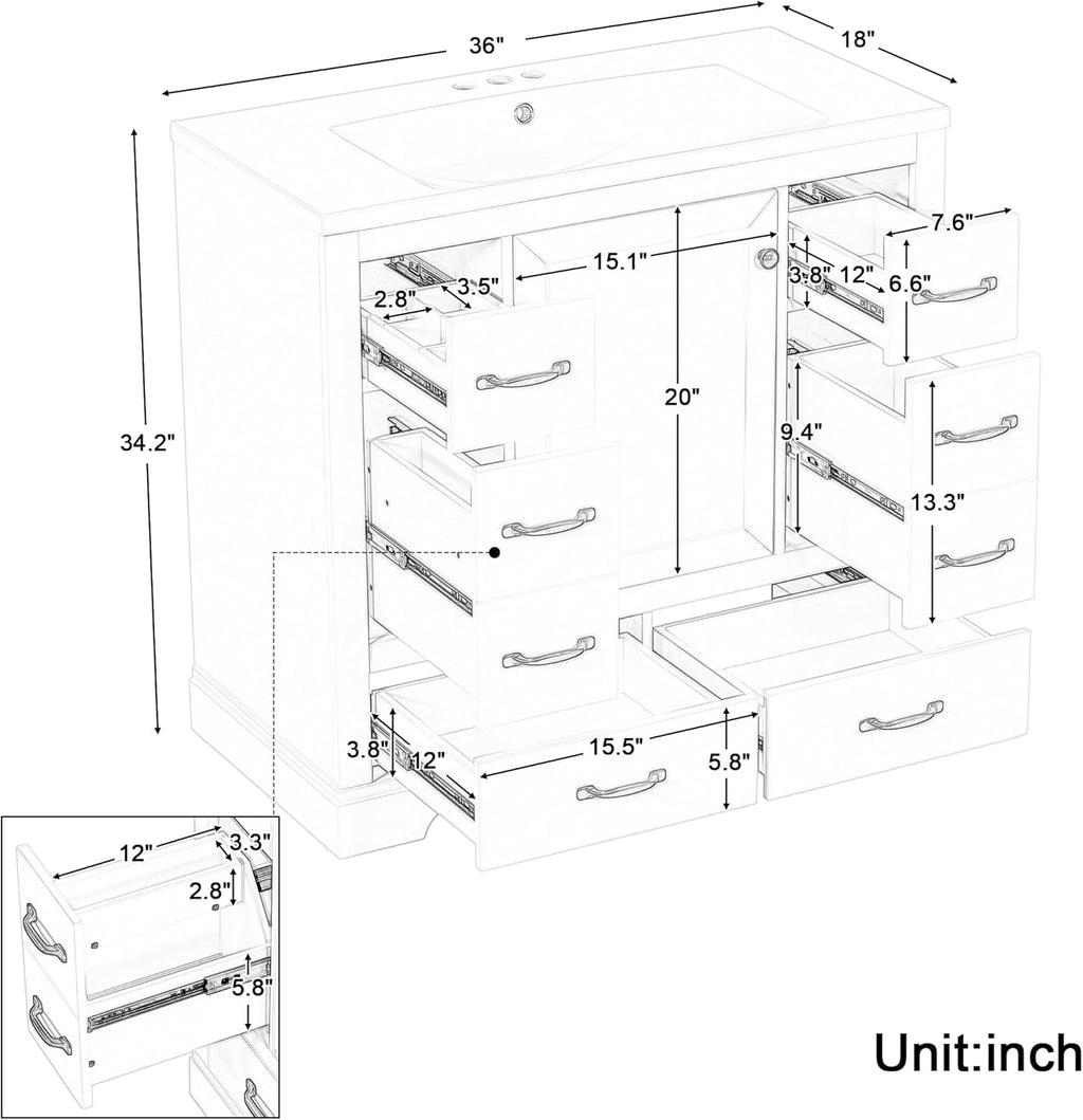 36' Vanity Bathroom Cabinet with Sink Top, Six Multi-Functional Drawers, Adjustable Shelf, Soft-Closing Door, Grey