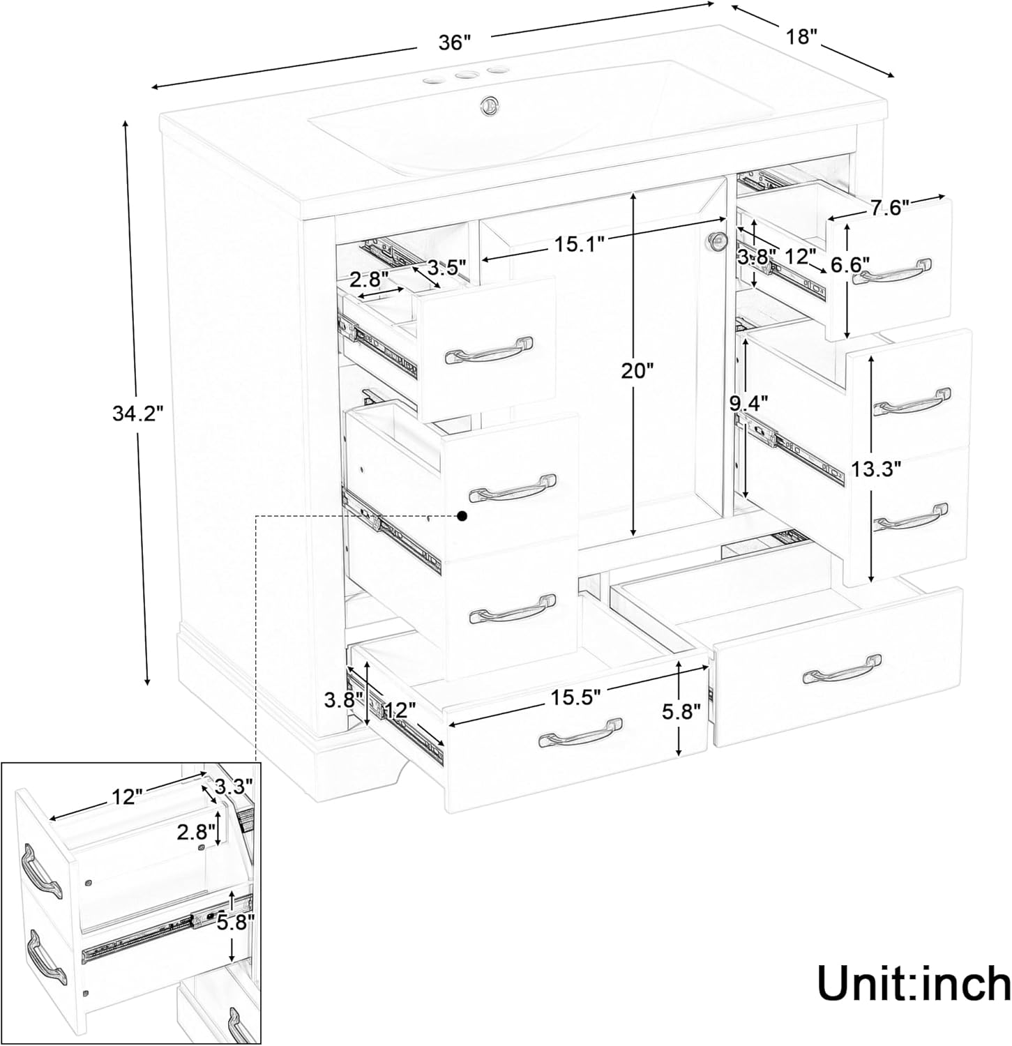 36' Vanity Bathroom Cabinet with Sink Top, Six Multi-Functional Drawers, Adjustable Shelf, Soft-Closing Door, Grey