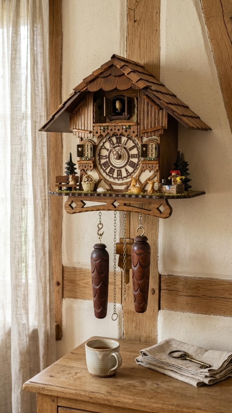 Cuckoo Palace German Cuckoo Clock – Black Forest Hillside Chalet with Animal Figures – Quartz Movement with Music – Night Silence Sensor – 10.6 Inch Wall Clock