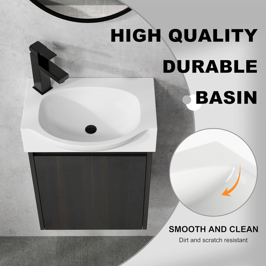 Small Bathroom Vanity with Sink, 16 Inch Bathroom Vanity with Sink, Floating Vanity Bathroom with Soft Closed Door, Integrated Sink, Engineered Wood (Black)