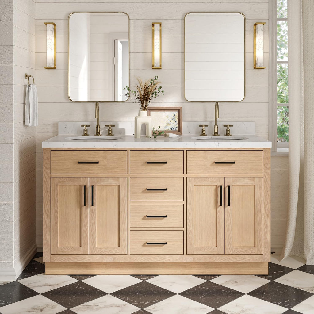 ARIEL Hepburn 60-inch Bathroom Vanity with Sink,Solid Wood, 1.5-inch Carrara White Quartz Countertop & Backsplash, Double Oval Porcelain Sink, 4 Soft Closing Doors, 6 Dovetail Drawers, White Oak