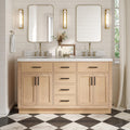 ARIEL Hepburn 60-inch Bathroom Vanity with Sink,Solid Wood, 1.5-inch Carrara White Quartz Countertop & Backsplash, Double Oval Porcelain Sink, 4 Soft Closing Doors, 6 Dovetail Drawers, White Oak