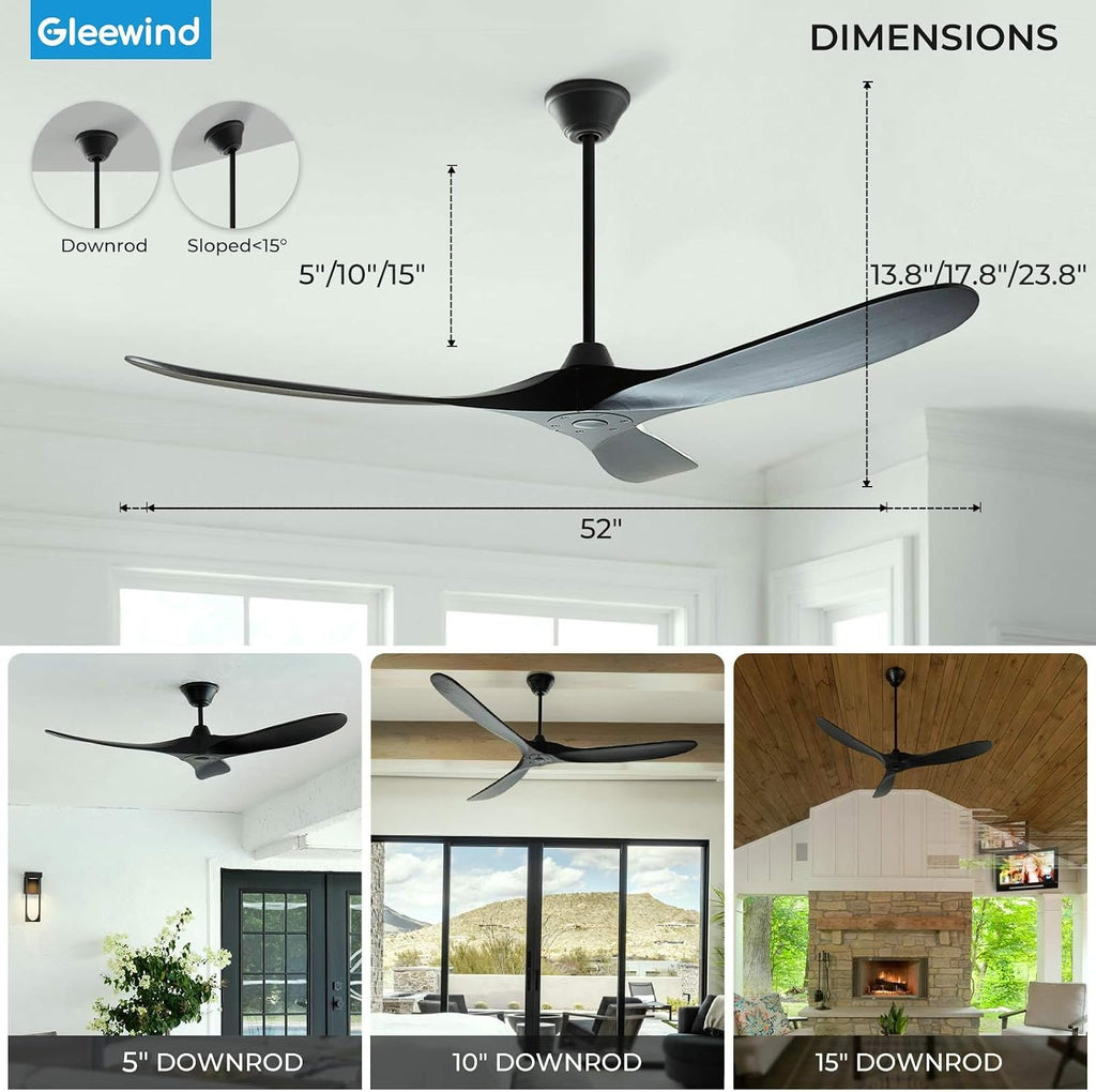 Outdoor Ceiling Fan No Light for Patios, 52 inch Ceiling Fans Without Lights with Smart App and Remote Control, Wet Rated 3 Blades Wood Propeller Modern Fan for Exterior Outside, High CFM, Black