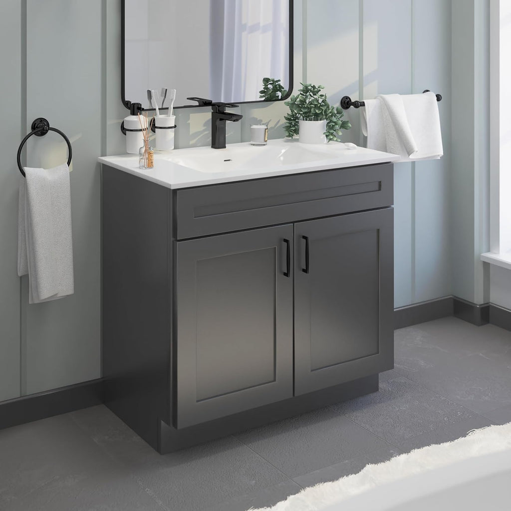 36' Grey Shaker Bathroom Vanity with Sink – Solid Surface One-Piece Top, Soft-Close Doors, Polyurethane Nano Resin Sink, Pre-Drilled Faucet Hole, Modern Bath Vanity Cabinet Set