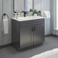 36' Grey Shaker Bathroom Vanity with Sink – Solid Surface One-Piece Top, Soft-Close Doors, Polyurethane Nano Resin Sink, Pre-Drilled Faucet Hole, Modern Bath Vanity Cabinet Set