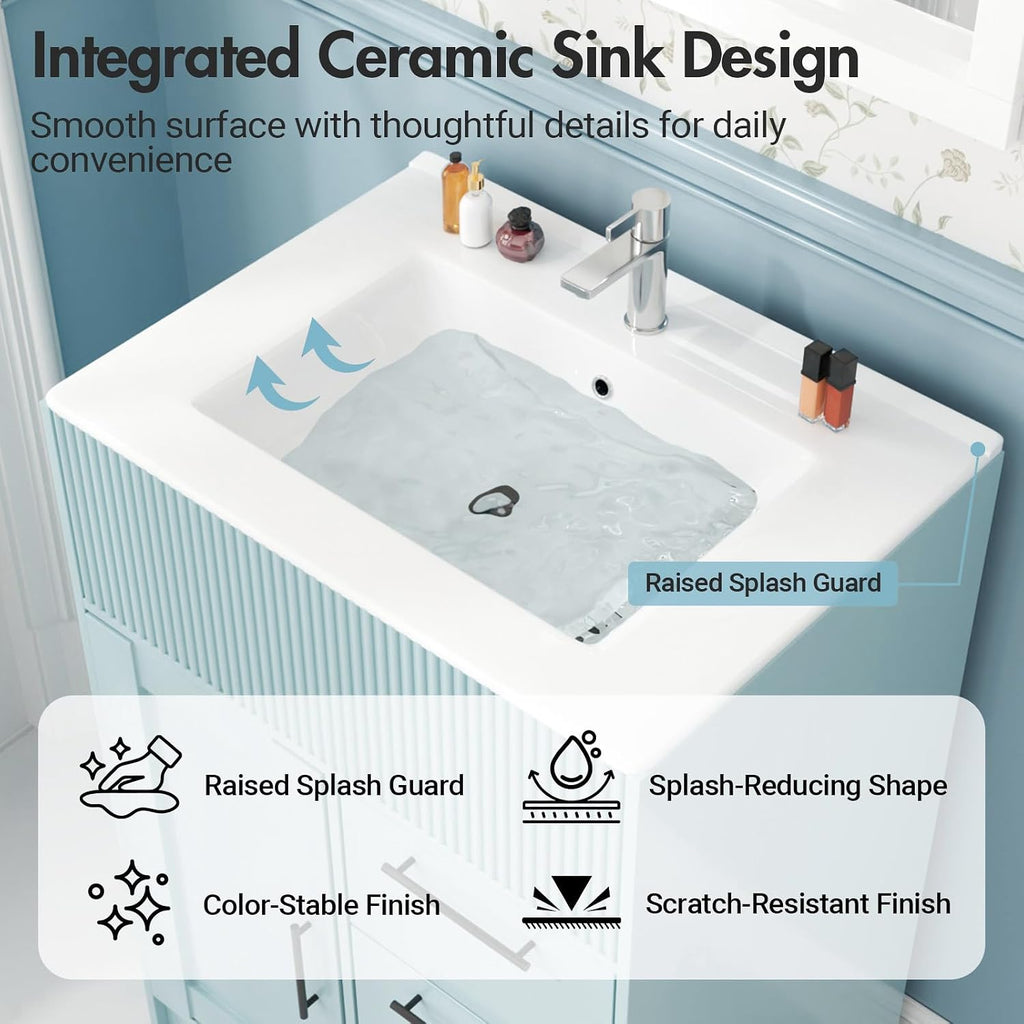 Kikihouse 24 Inch Bathroom Vanity with Sink, Freestanding Modern Bathroom Vanity Cabinet with Ceramic Basin, Single Sink Small Bathroom Vanity for Apartment (Blue, 24 inch)