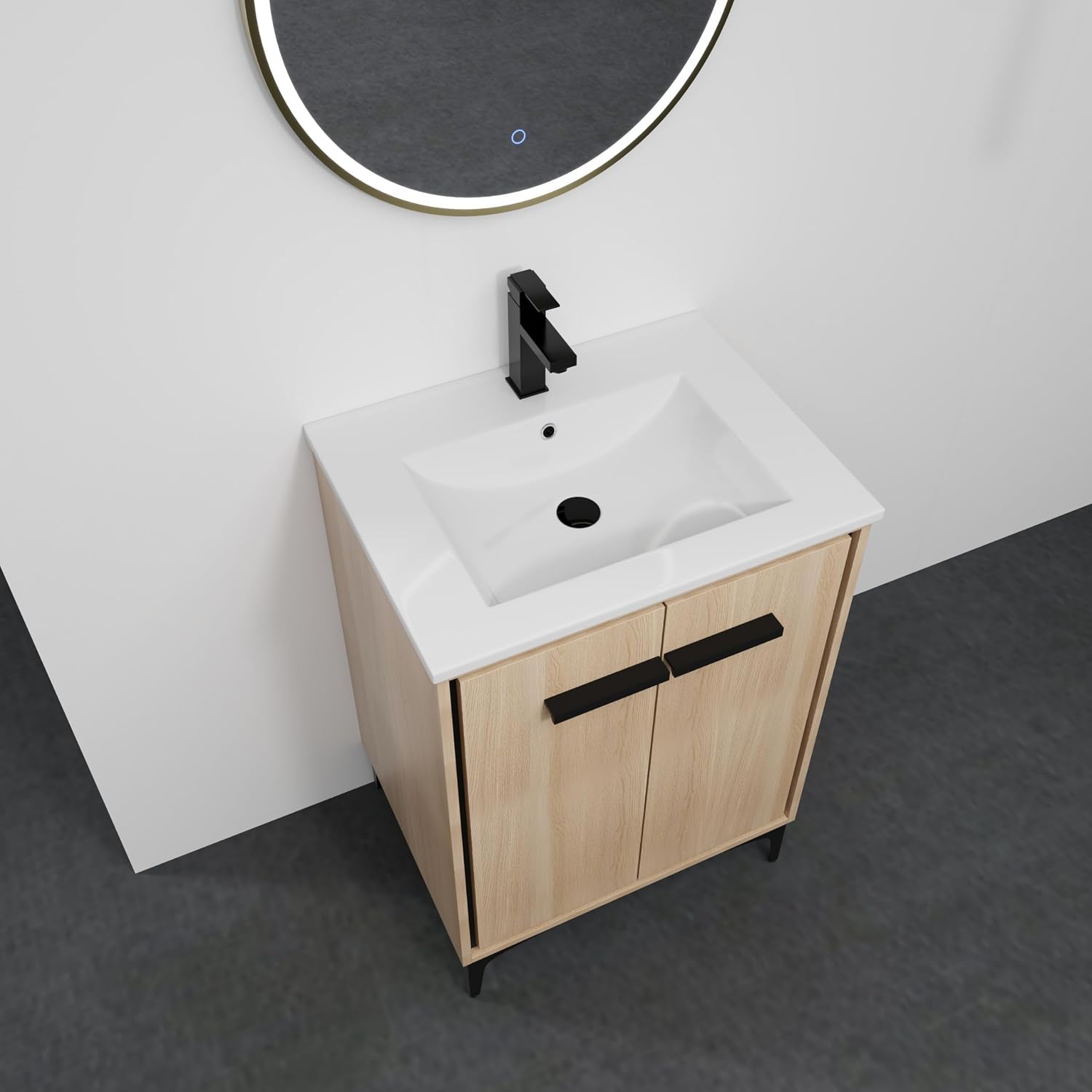 24 Inch Bathroom Vanity with Sink, Freestanding Single Sink Bathroom Vanity with Soft Closed Doors, Integrated Sink, Engineered Wood Bathroom Sink Vanity (Oak)
