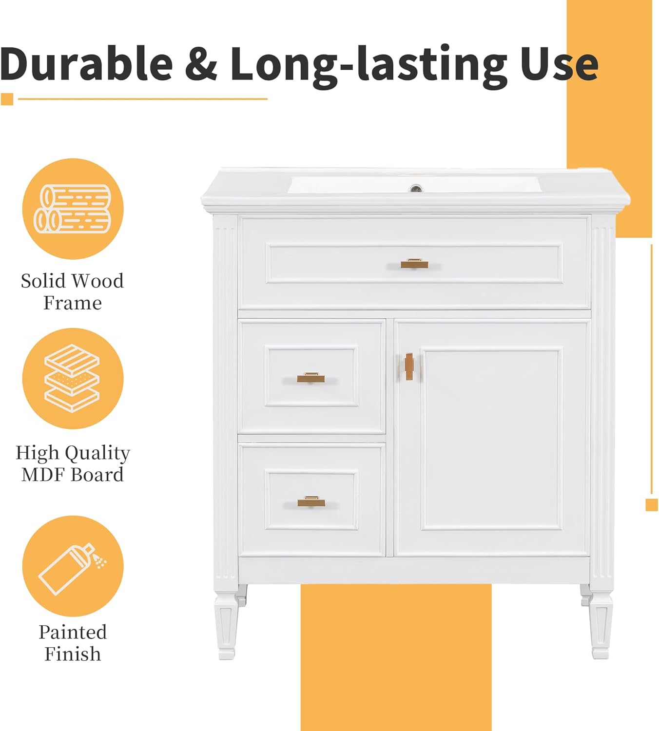Harper & Bright Designs 30' Bathroom Vanity with Sink, Free Standing Vanity Set with Tip-Out Drawer, 2 Drawers, and Adjustable Shelf, Wood Bathroom Cabinet with Ceramic Basin for Bathroom, White
