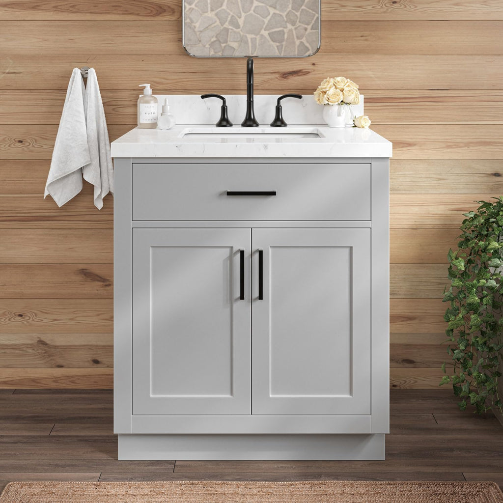 ARIEL Hepburn 30-inch Bathroom Vanity with Sink,Solid Wood, 1.5-inch Carrara White Quartz Countertop & Backsplash, Single Rectangular Porcelain Sink, 2 Soft Closing Doors, 1 Dovetail Drawers, Grey