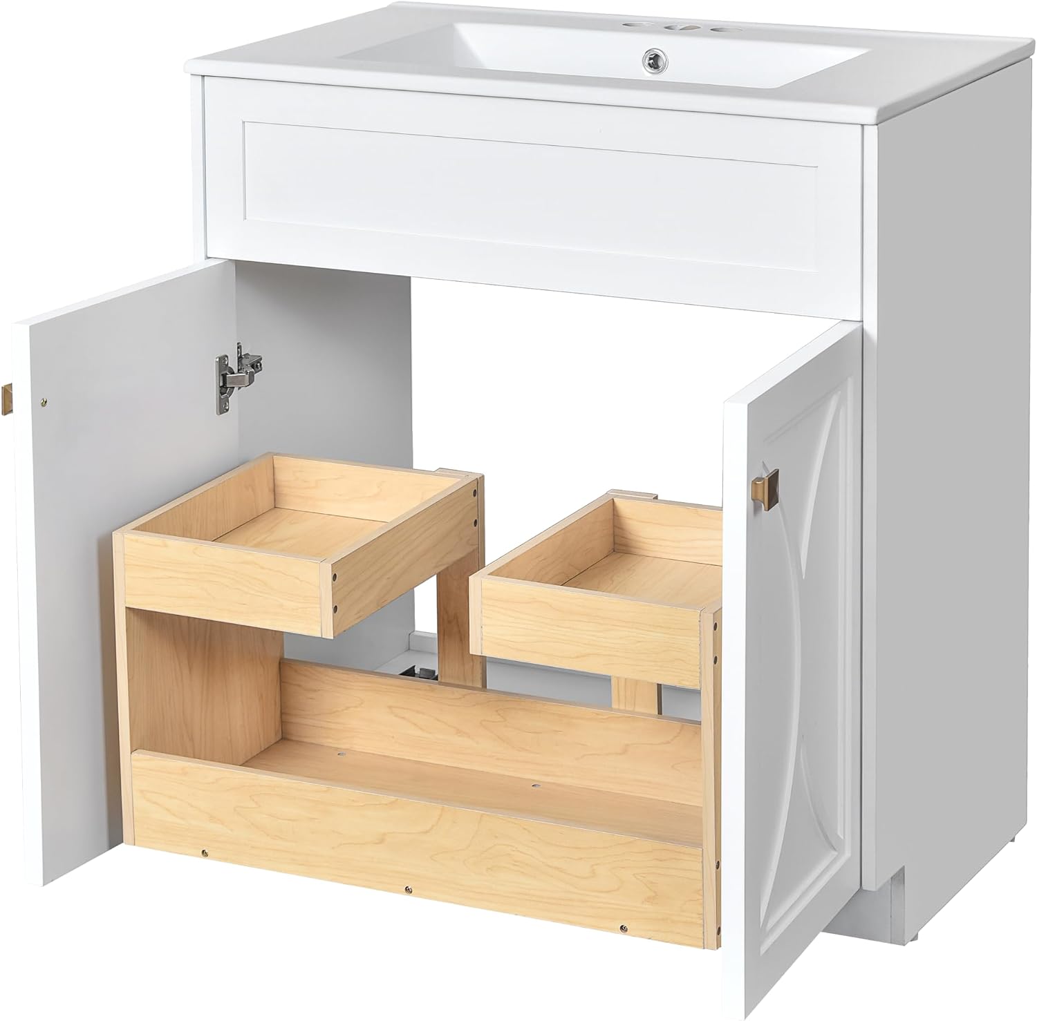 30 Inch White Bathroom Vanity with Sink,Modern Freestanding Bathroom Vanity with Storage Rack,Intergrated Countertop,Gold Handles,Elegant Soft Closing Doors(Ceramic Sink)