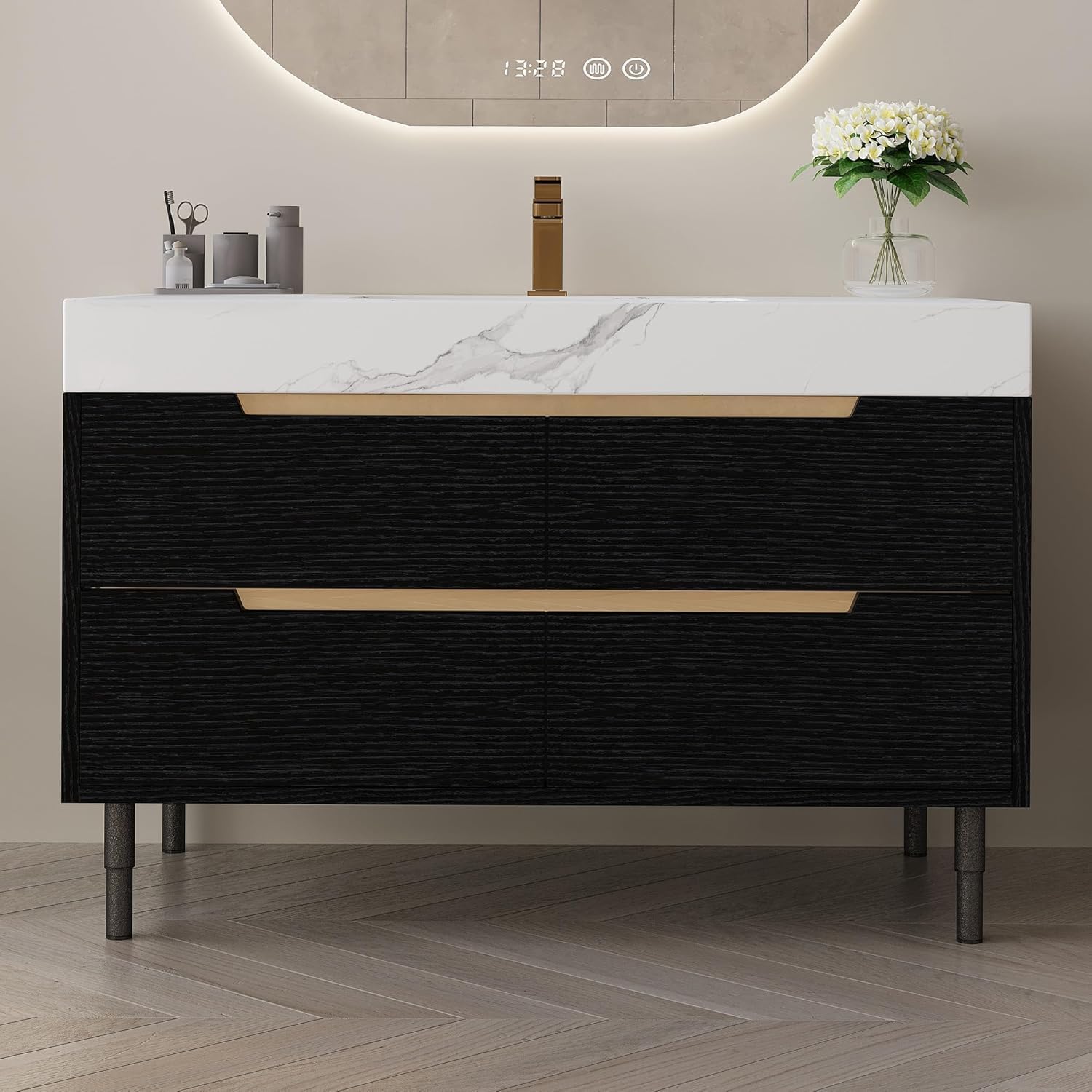 36' Bathroom Vanity with Undermount Sink Set, Modern 2-in-1 Wall Mounted & Freestanding Bathroom Vanity Cabinet with Sintered Stone top&4 Storage Drawers, Single Bathroom Sink Cabinet