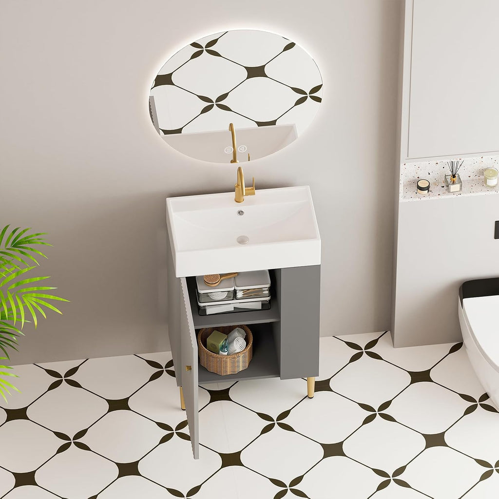 21.6 Inch Bathroom Vanity with Sink, Vanities with Square Ceramic Sink Top and Right Side Storage, Combo Stand Storage Cabinet Set for Small Bathroom (Matte Grey)