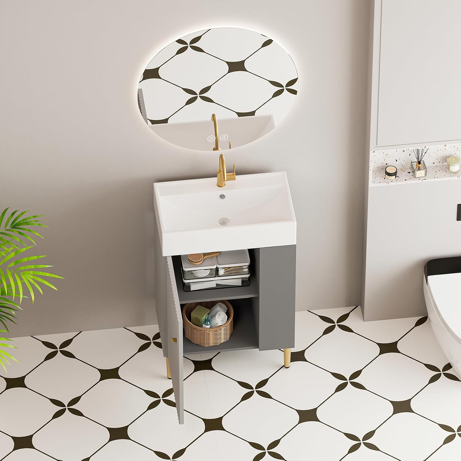 21.6 Inch Bathroom Vanity with Sink, Vanities with Square Ceramic Sink Top and Right Side Storage, Combo Stand Storage Cabinet Set for Small Bathroom (Matte Grey)