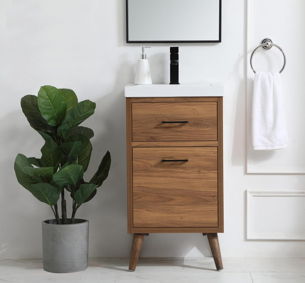 18' Pre-Assembled Bathroom Vanity with Sink, Engineered Wood, White Resin Countertop Attached, Single Rectangle Porcelain Sink, 1 Soft-Close Drawers, Walnut Brown