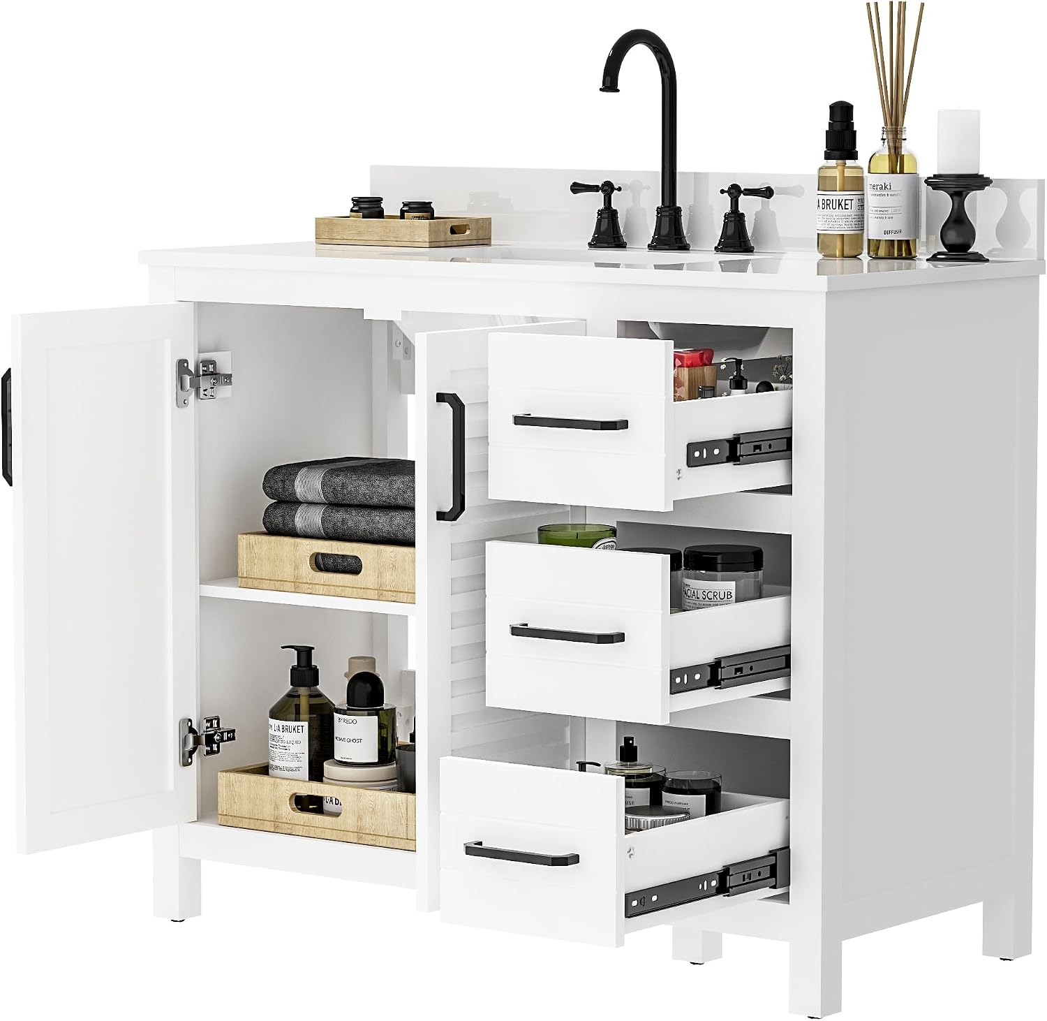 42' White Single Sink Bathroom Vanity with Top and Sink, Freestanding Modern Bath Storage Cabinet with Quartz Countertop, 3 Drawers, Soft Closing Louvered Doors, Pre-Assembled